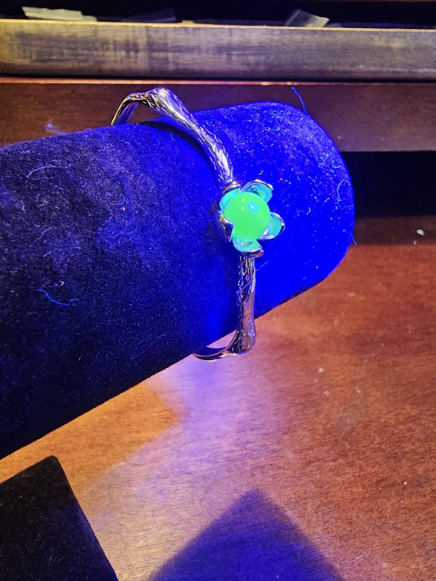 Uranium Glass Bracelet new Sterling Silver with a vintage dark Green Uranium glass Round cut stone that glows under black / UV light