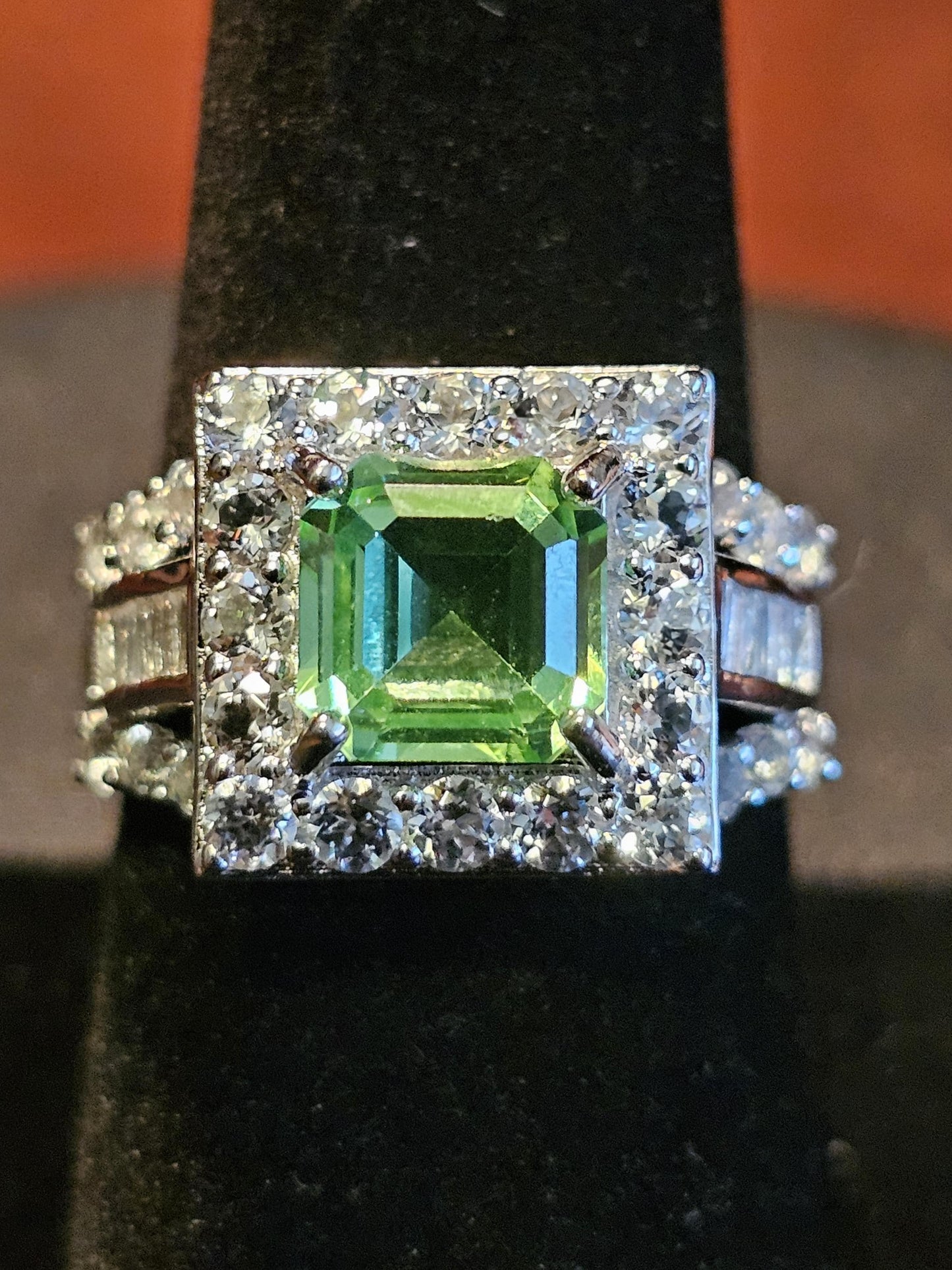 Uranium Glass Asscher cut Ring size 8.5 new Sterling Silver large vintage Uranium glass Square stone that glows under black / UV light