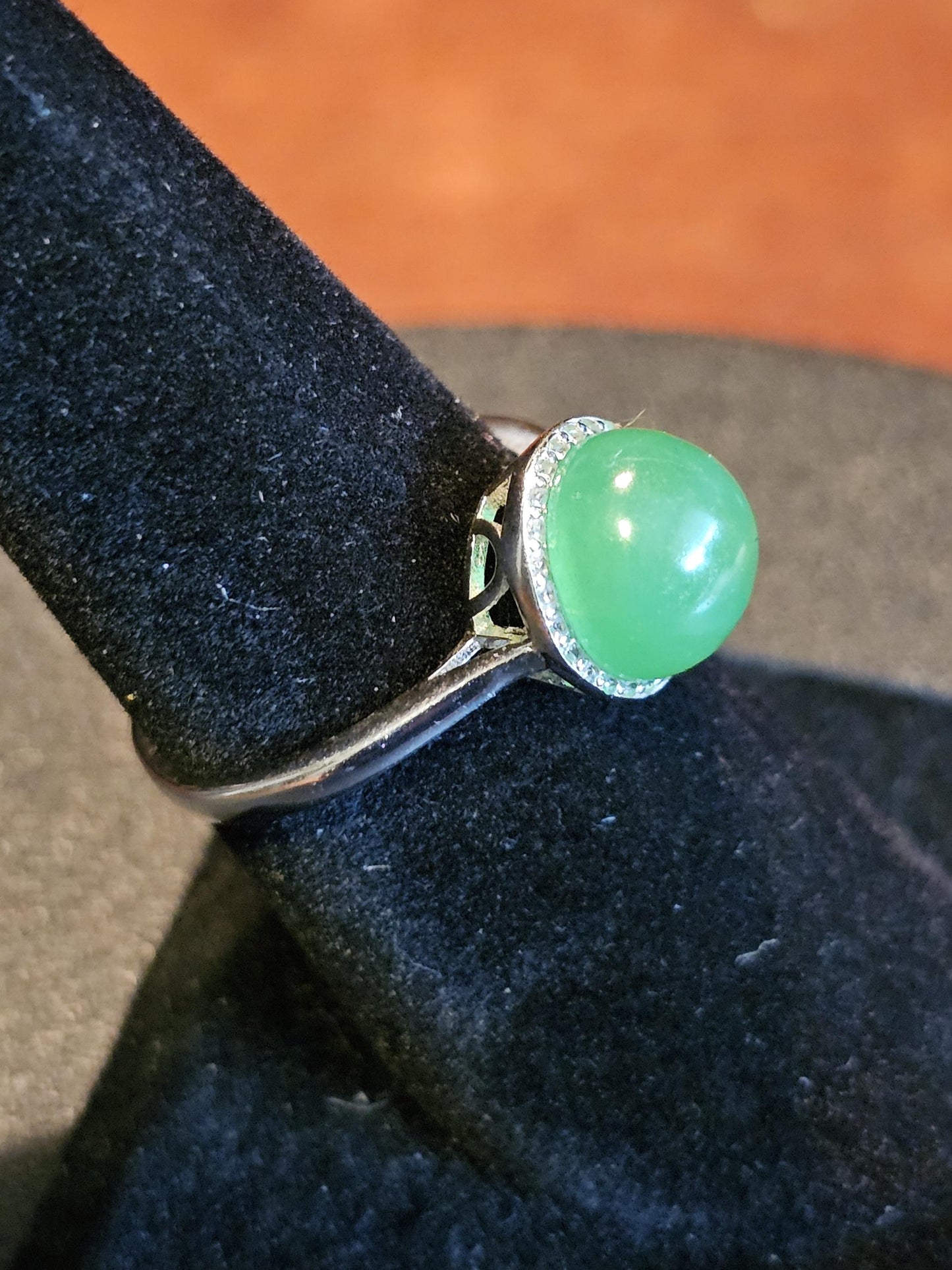 Uranium Glass Adjustable Ring new Sterling Silver with a vintage rare dark Green Round top Uranium glass stone that glows under black light
