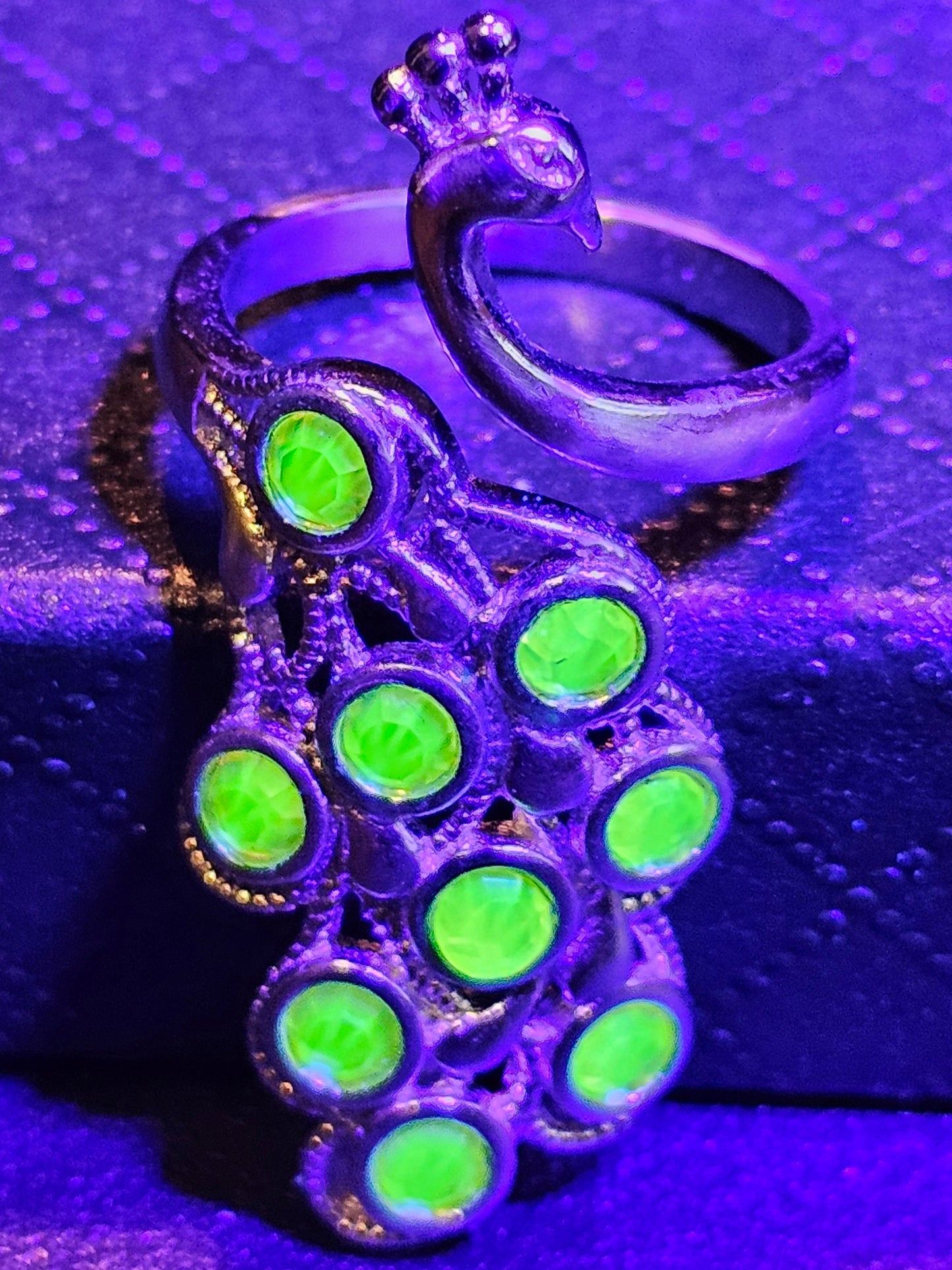 Uranium Glass Peacock Ring adjustable new Sterling Silver vintage Uranium glass round cut stones that glow under black / UV light