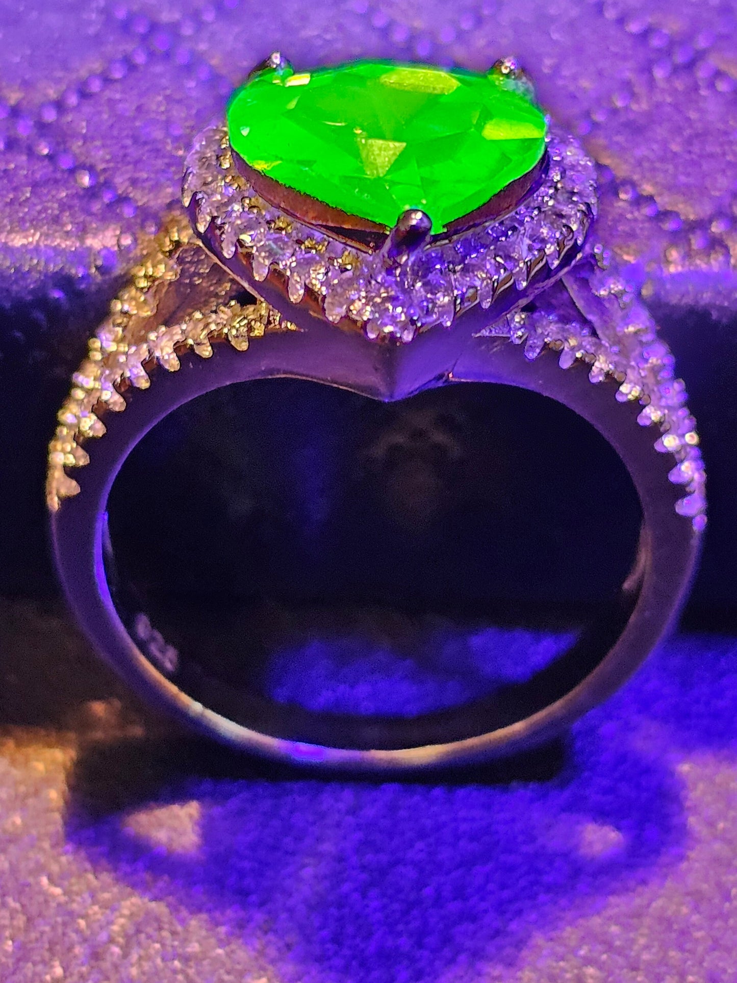 Uranium Glass Heart cut Ring size 6 through 8 new Sterling Silver with a vintage 10mm Uranium glass stone that glows under black / UV light