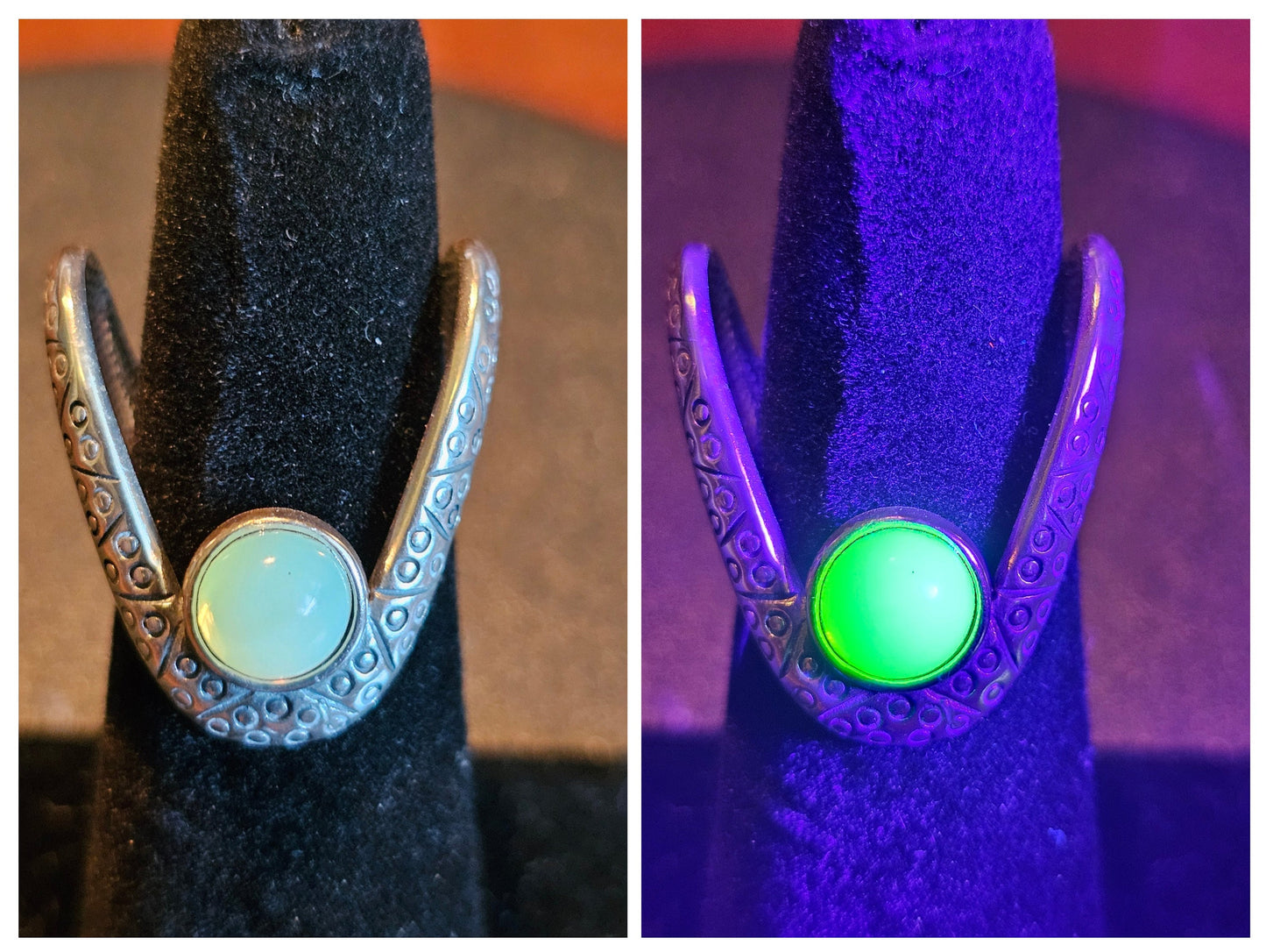 Verstellbarer Ring aus Uranglas in neuem Sterlingsilber, sehr einzigartiges Design mit einem Vintage-Uranglasstein, der unter Schwarzlicht/UV-Licht leuchtet