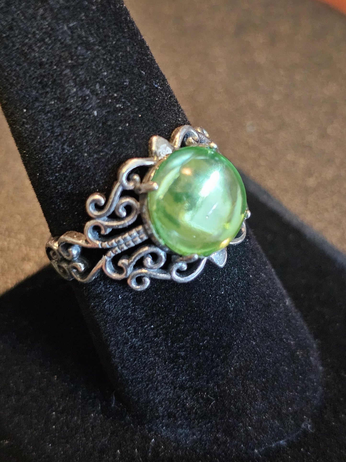 Uranium Glass Adjustable Ring new Sterling Silver with vintage Cabochon cut Round top Uranium glass stone that glows under black / UV light