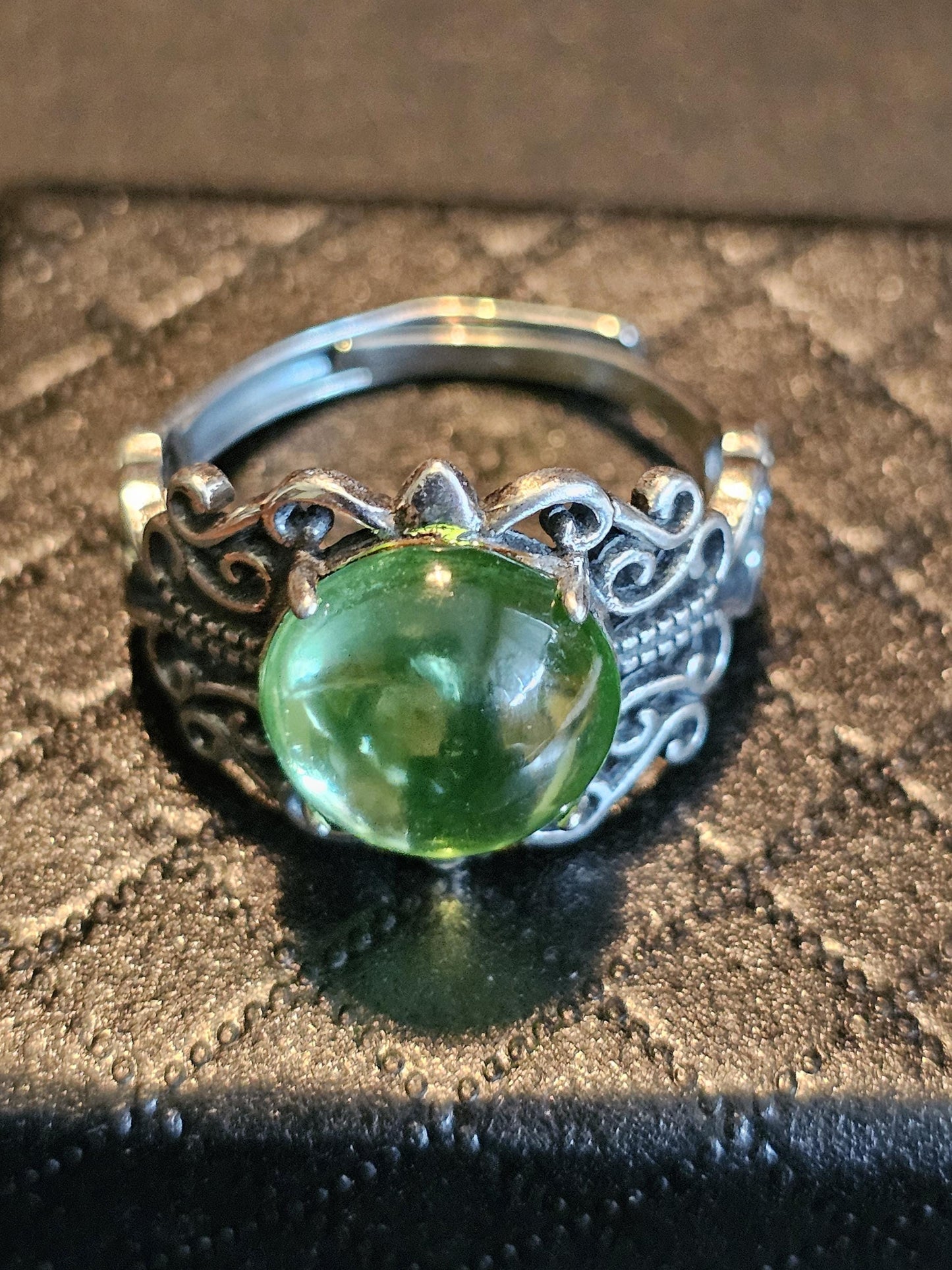Uranium Glass Adjustable Ring new Sterling Silver with vintage Cabochon cut Round top Uranium glass stone that glows under black / UV light