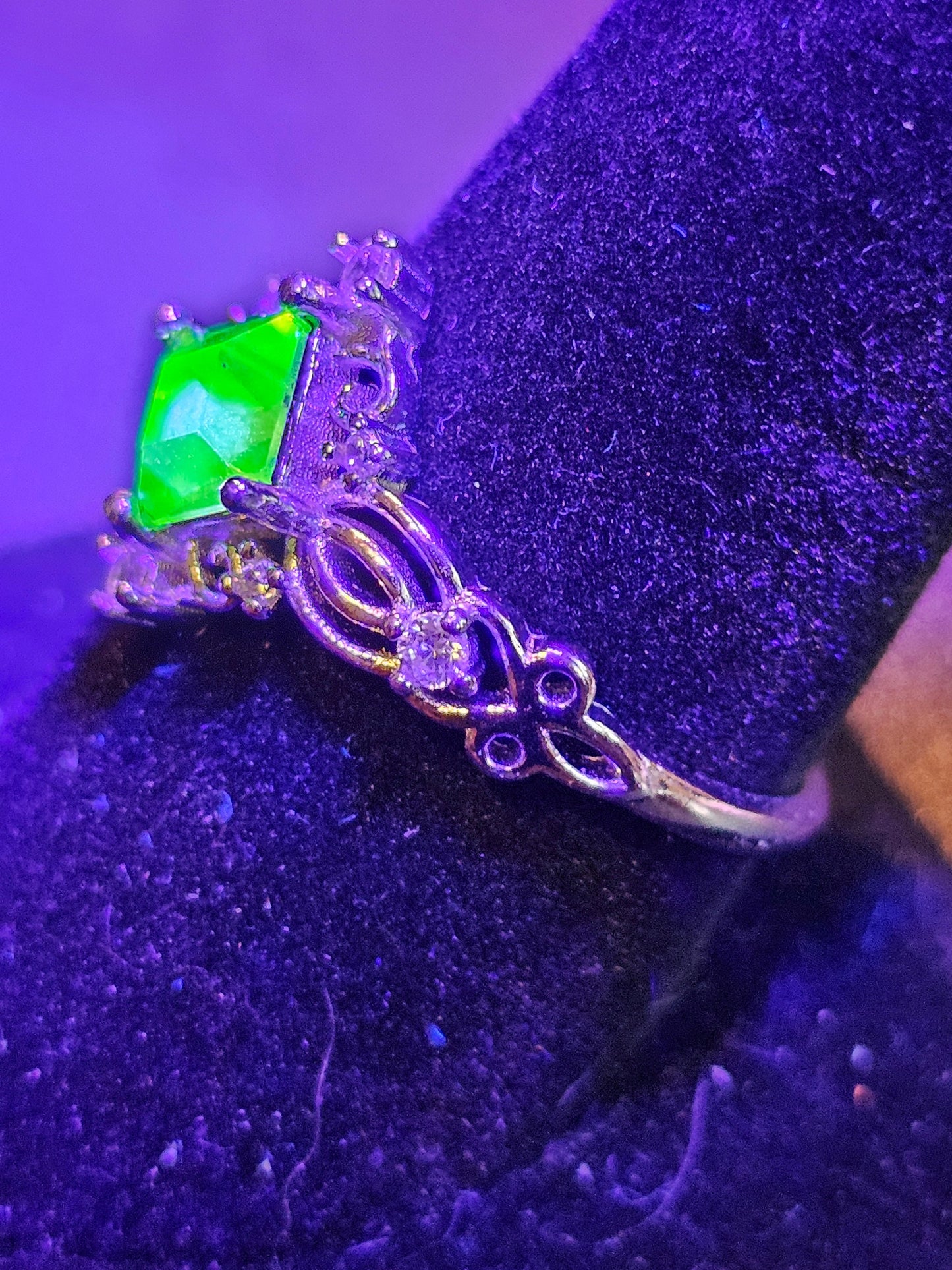 Uranium Glass Princess cut Ring size 6 to 10 new Sterling Silver with a vintage 6 mm Uranium glass stone that glows under black / UV light