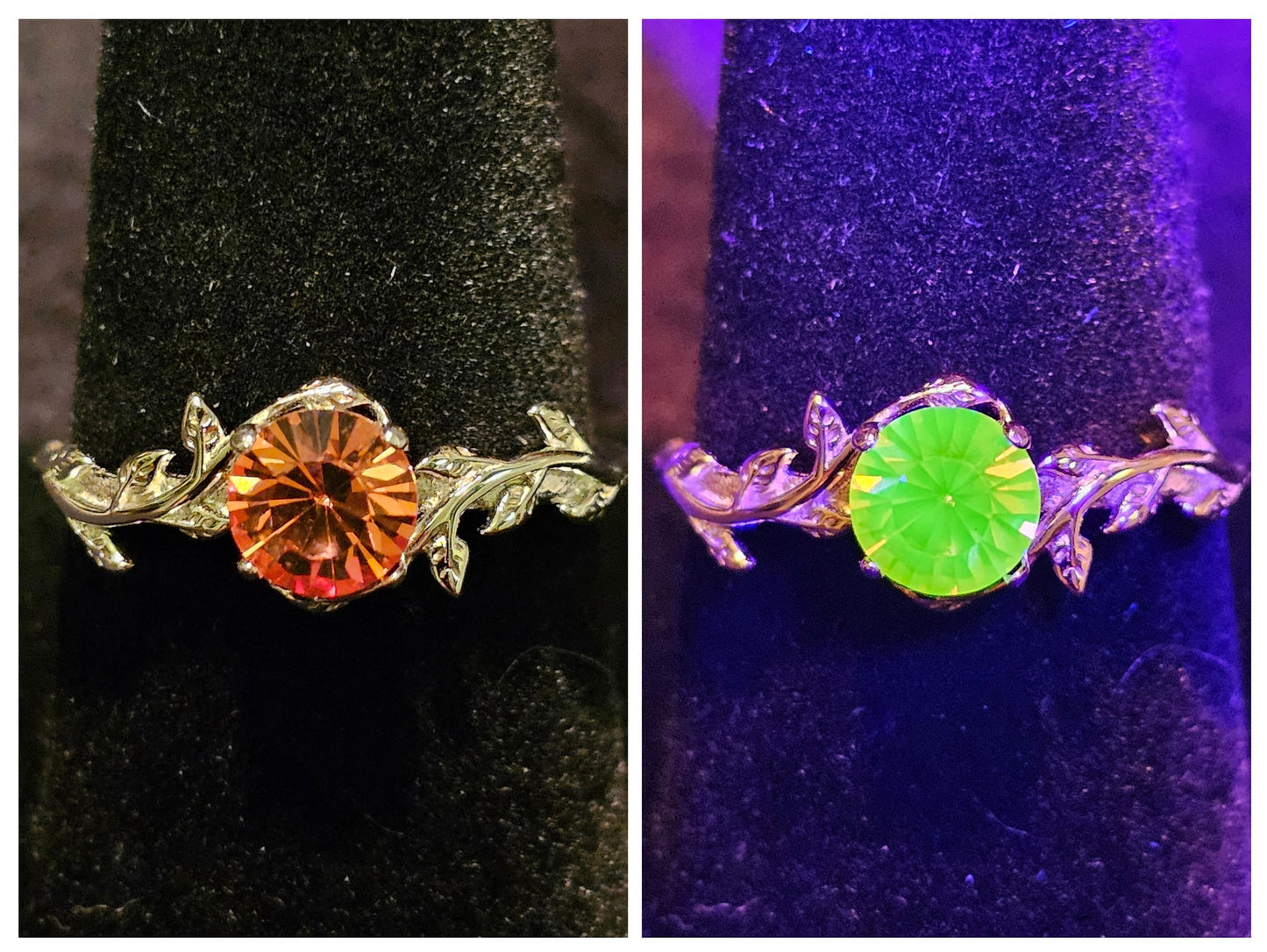 Uranium Glass Round cut Ring size 4 to 10.5 new Sterling Silver with vintage rare Pink Uranium glass stone that glows under black / UV light