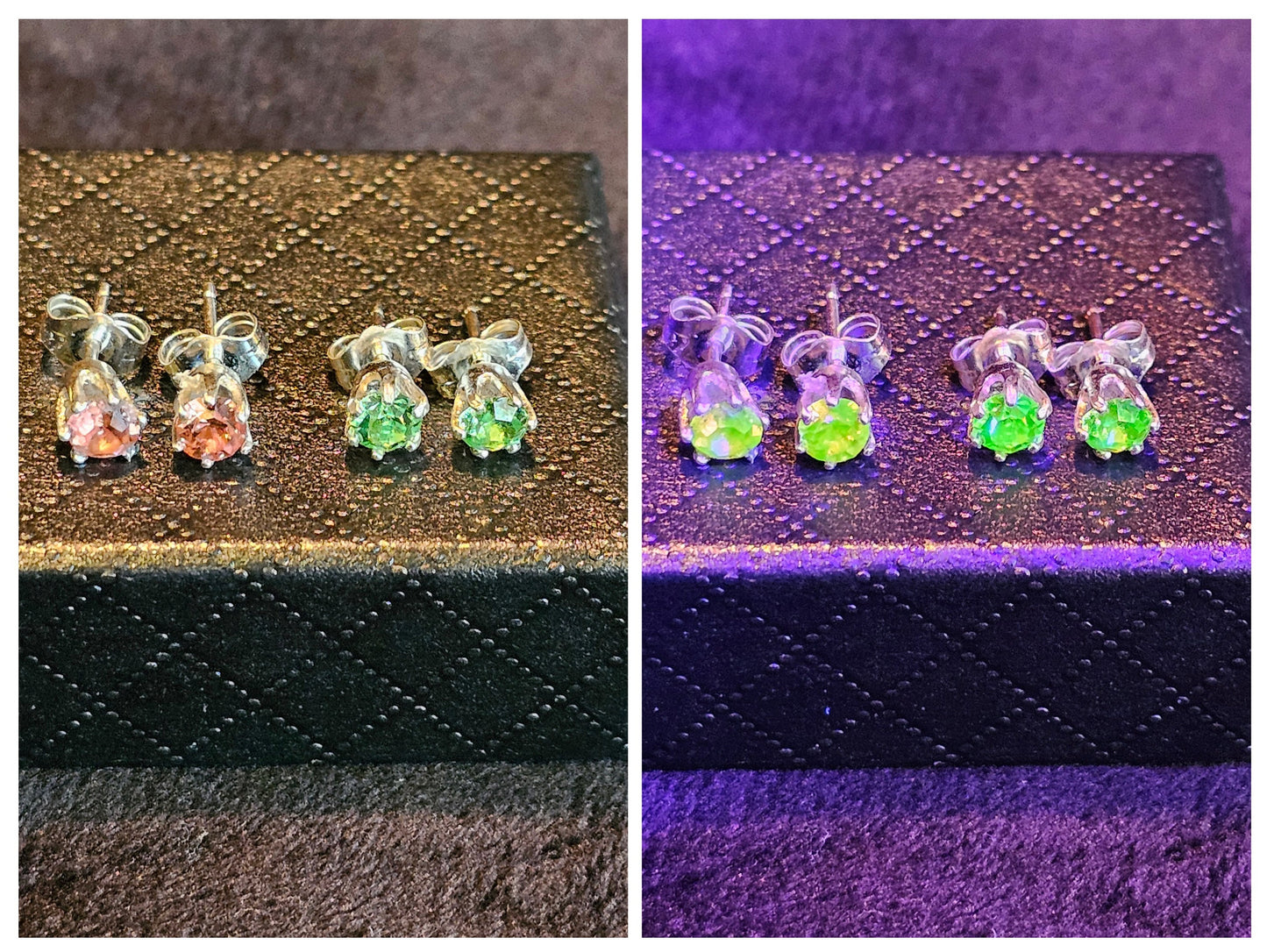 Boucles d'oreilles en verre d'uranium en argent sterling neuf avec des pierres en verre d'uranium vintage vert jaune ou rose rares, brillent sous la lumière noire/UV