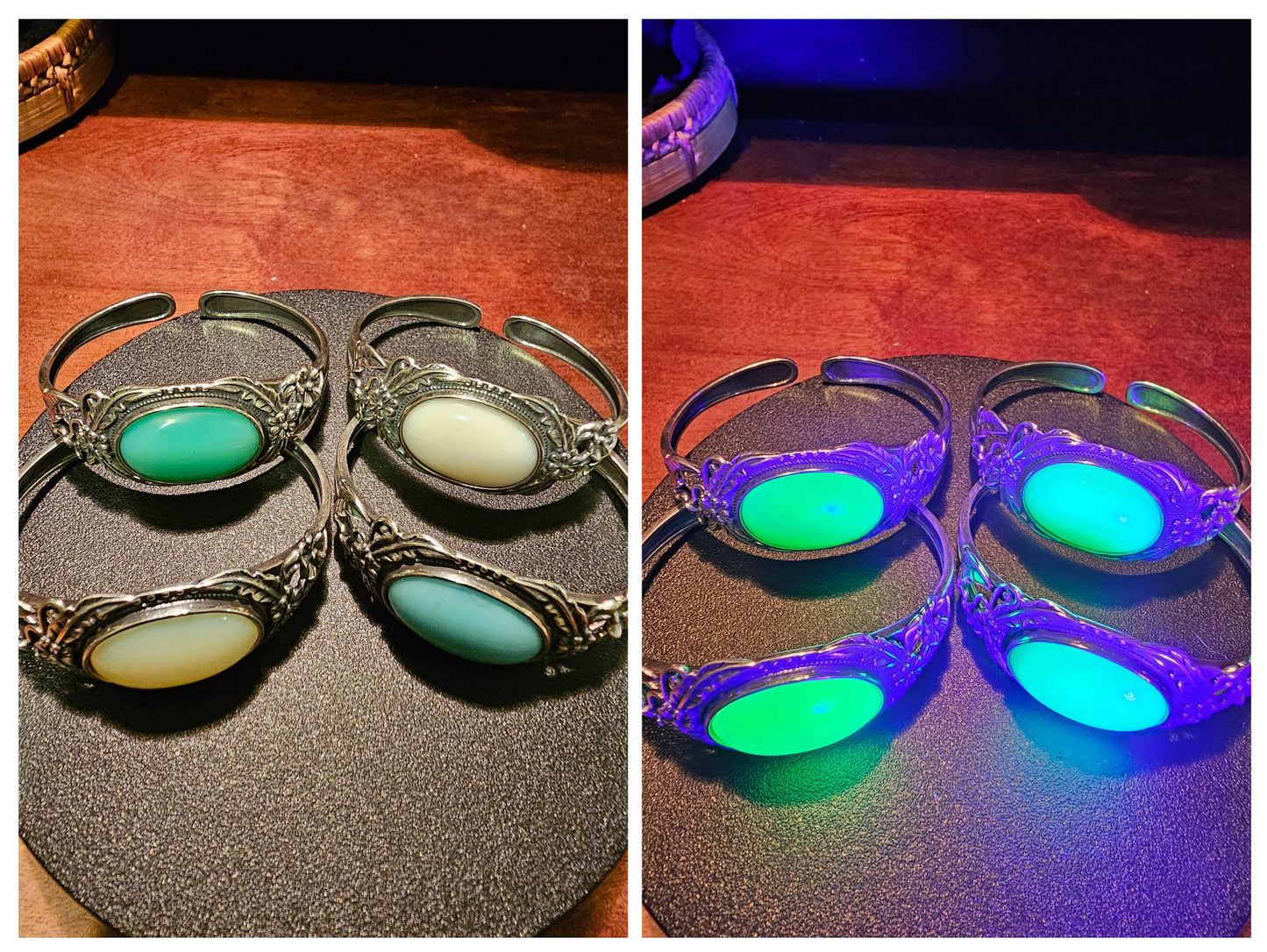 Bracelets en verre d'uranium neufs en argent sterling avec pierres ovales en verre d'uranium vintage de 25 x 18 mm qui brillent sous la lumière noire / UV