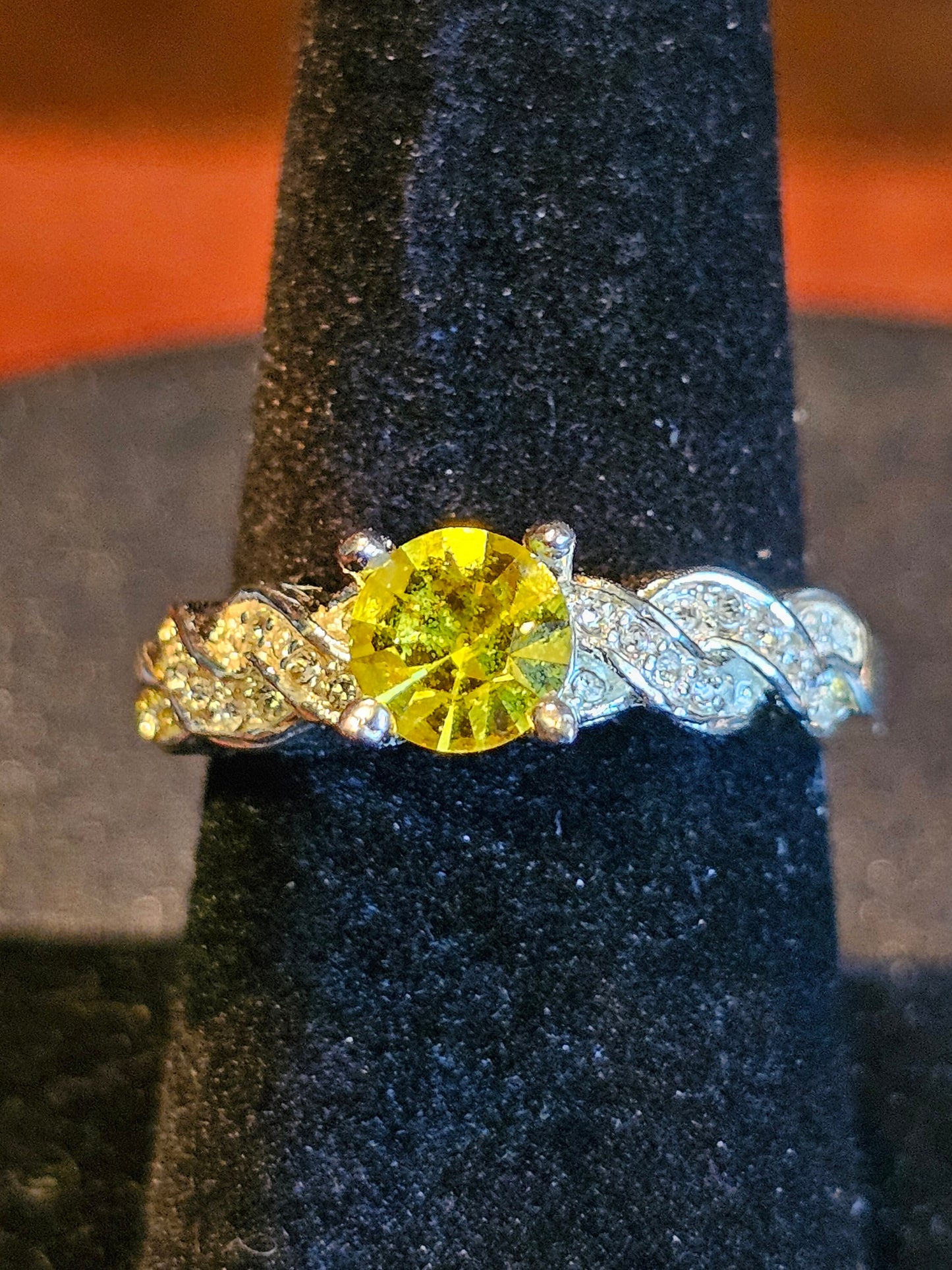 Cadmium Glass Round cut Ring size 8 new Sterling Silver ring with vintage 6 mm Cadmium glass stone that glows under black / UV light