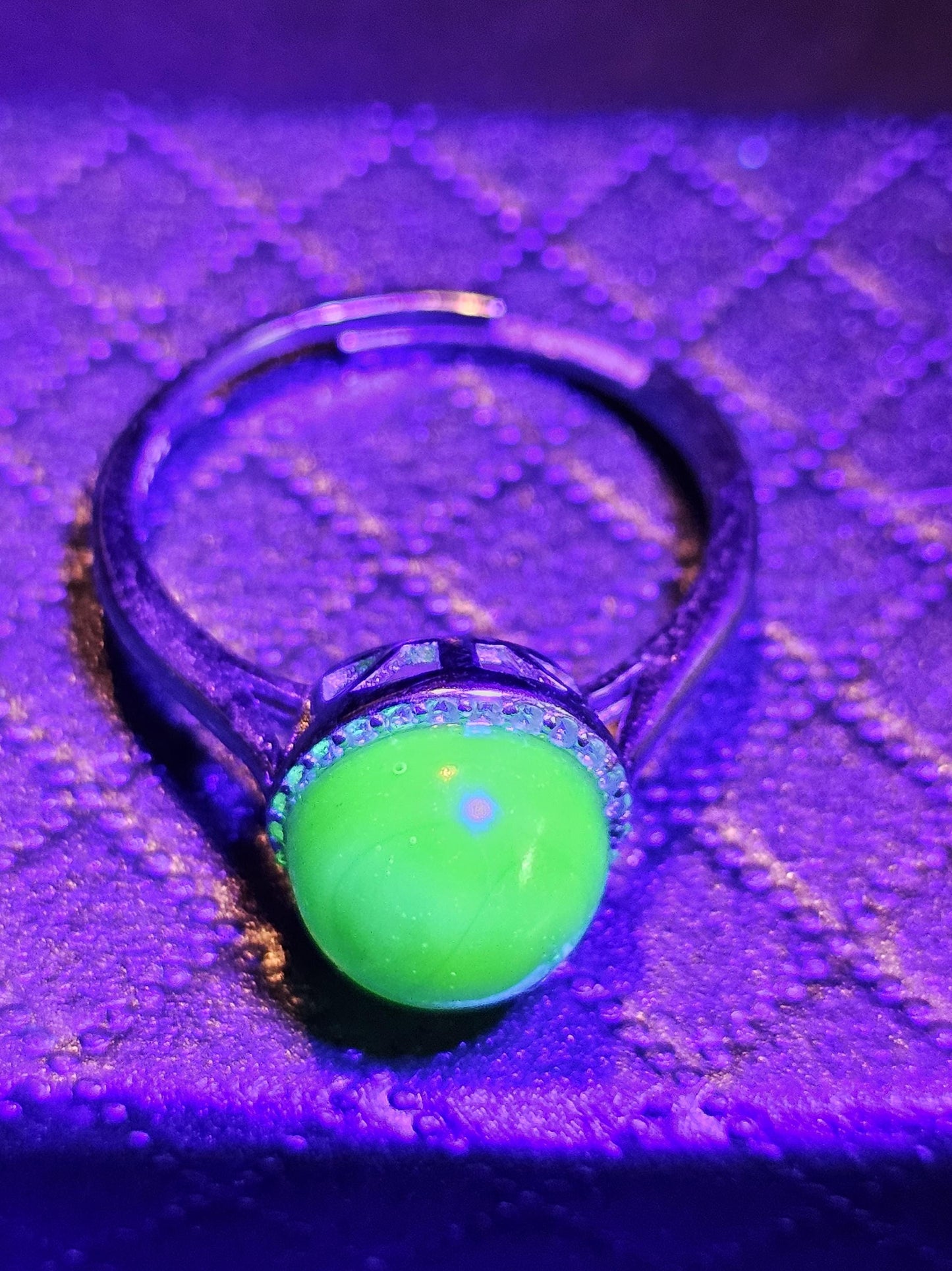 Uranium Glass Adjustable Ring new Sterling Silver with a vintage rare dark Green Round top Uranium glass stone that glows under black light