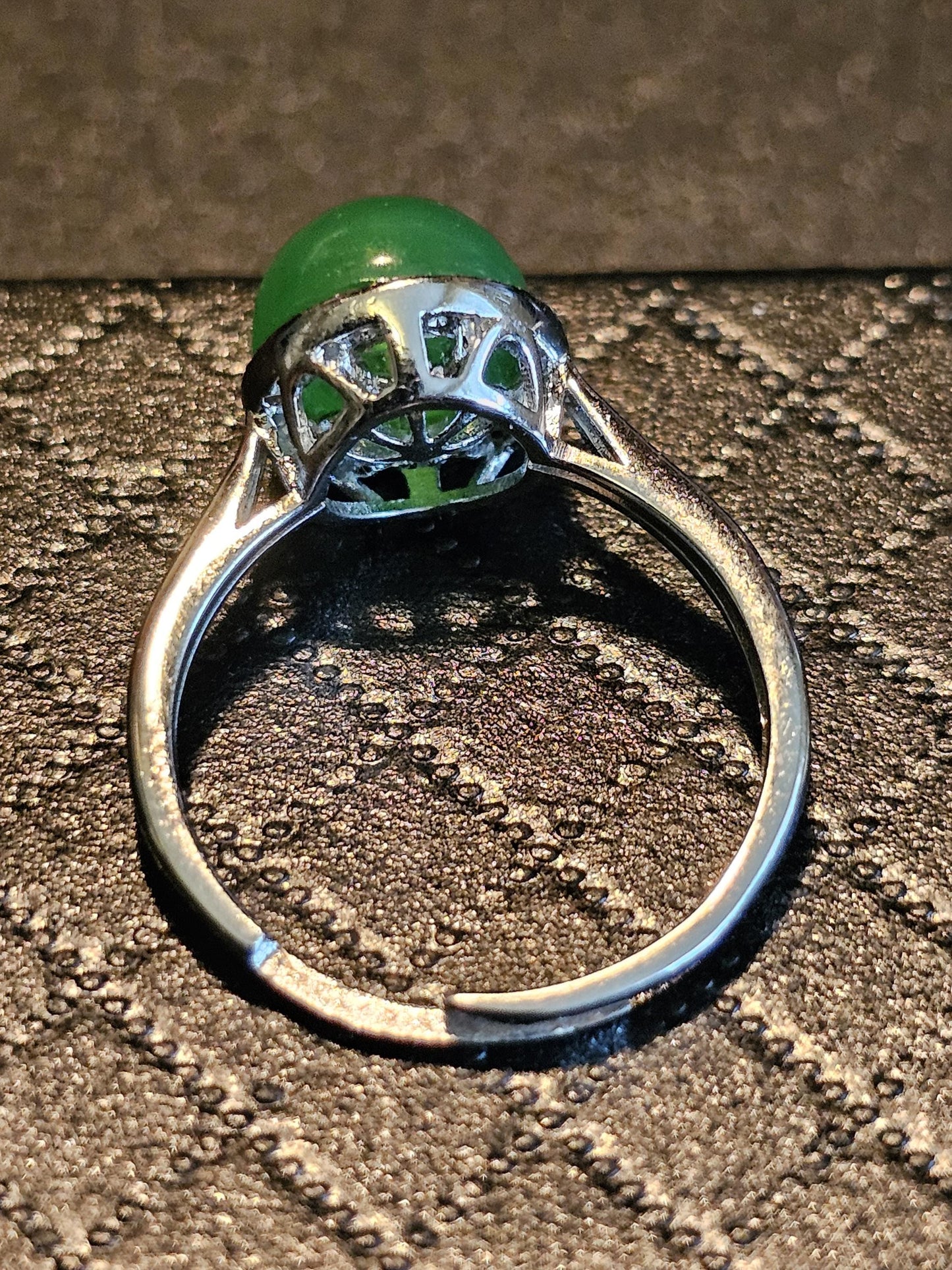 Uranium Glass Adjustable Ring new Sterling Silver with a vintage rare dark Green Round top Uranium glass stone that glows under black light
