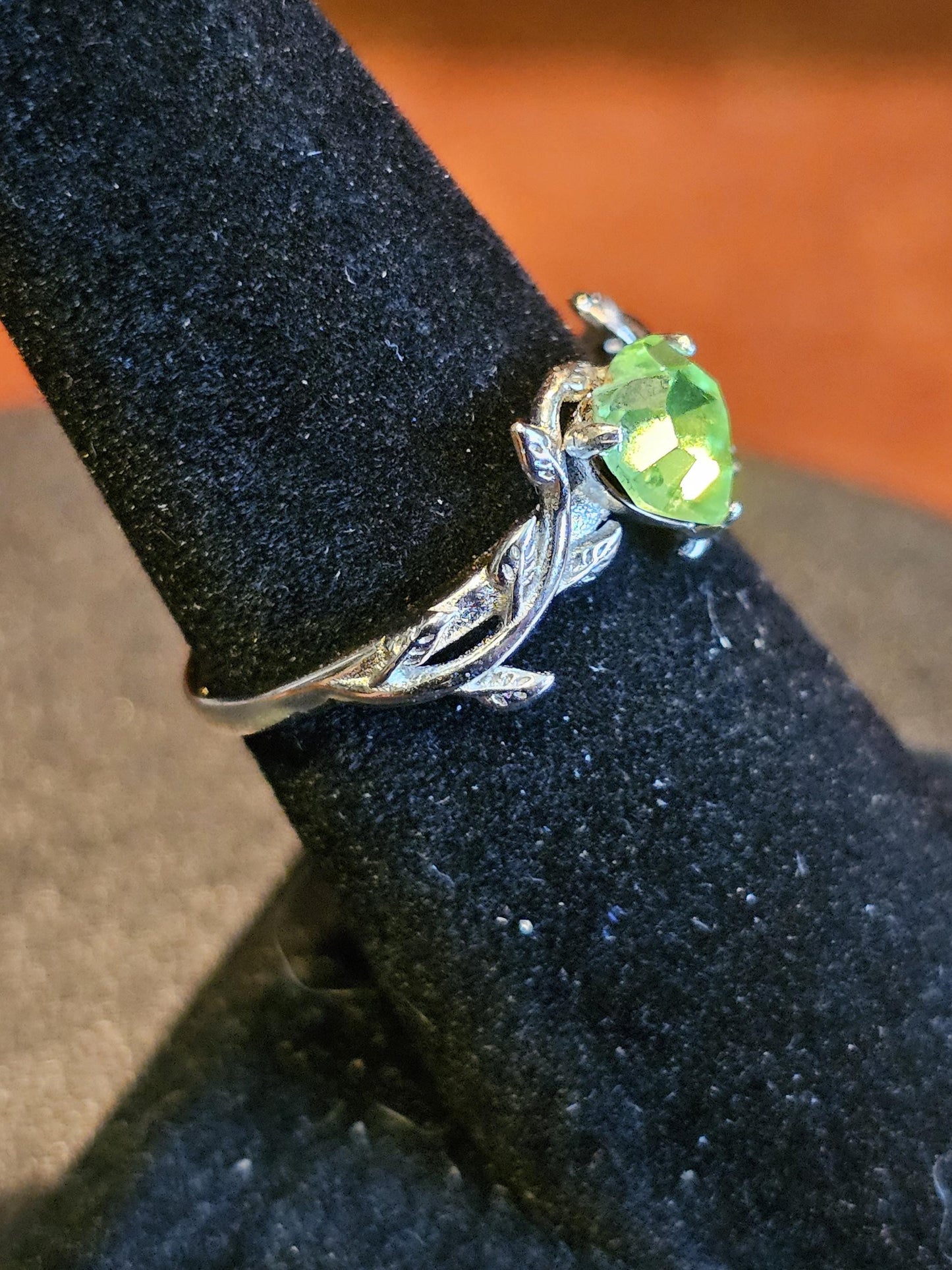 Uranium Glass Heart cut Ring size 6 to 10 in new Sterling Silver with a vintage rare Uranium glass stone that glows under black / UV light