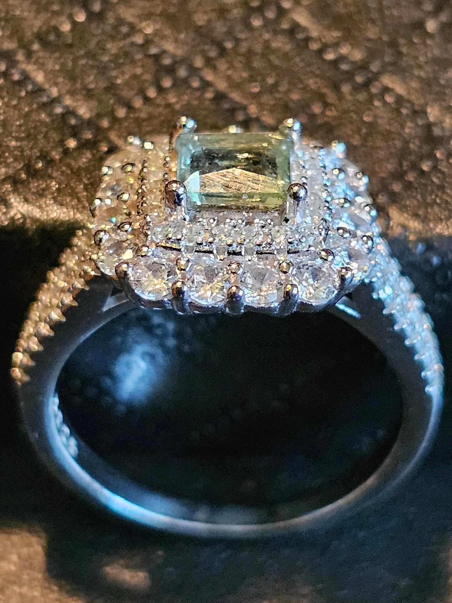 Uranium Glass Ring Princess cut size 7 Halo style new Sterling Silver with a vintage Uranium glass stone that glows under black / UV light