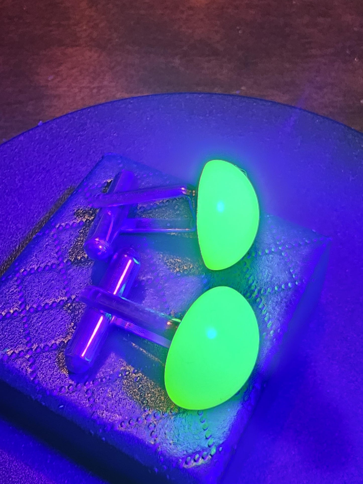 Uranium Glass Cufflinks 15mm / 11mm Round cut Round top vintage Uranium Glass stones in new Sterling Silver that glows under black / UV ligh