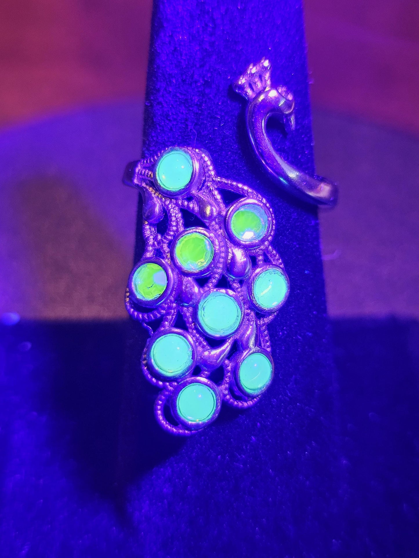 Uranium Glass Peacock Ring adjustable new Sterling Silver vintage Uranium glass round cut stones that glow under black / UV light