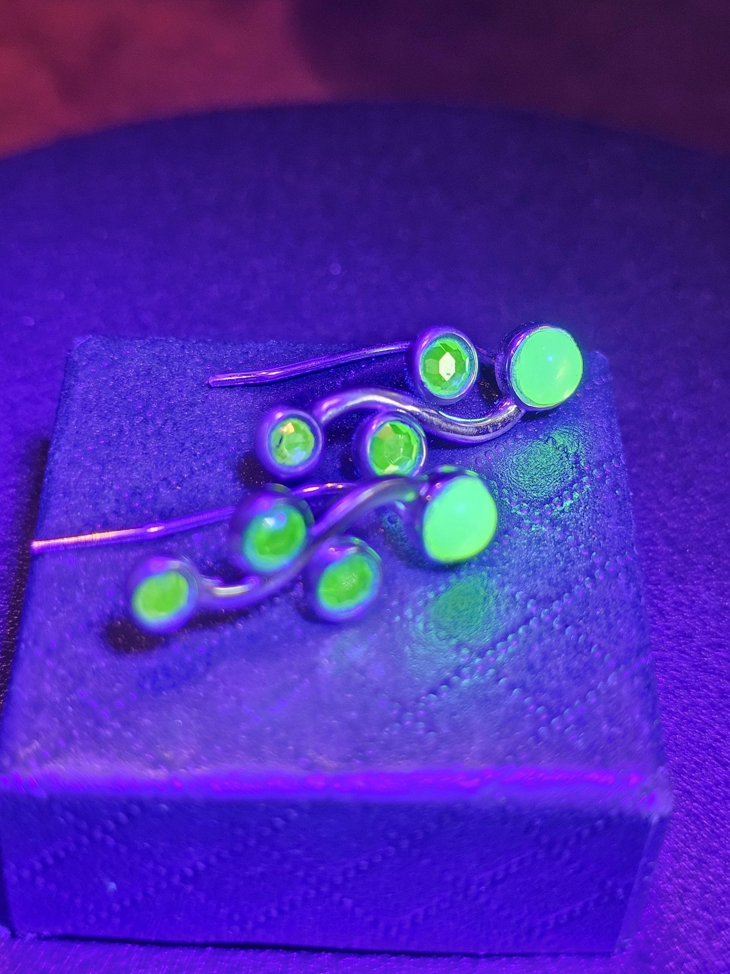 Uranium Glass Earrings in new Sterling Silver with Vintage round cut Uranium Glass stones in various sizes that glow under black/UV light