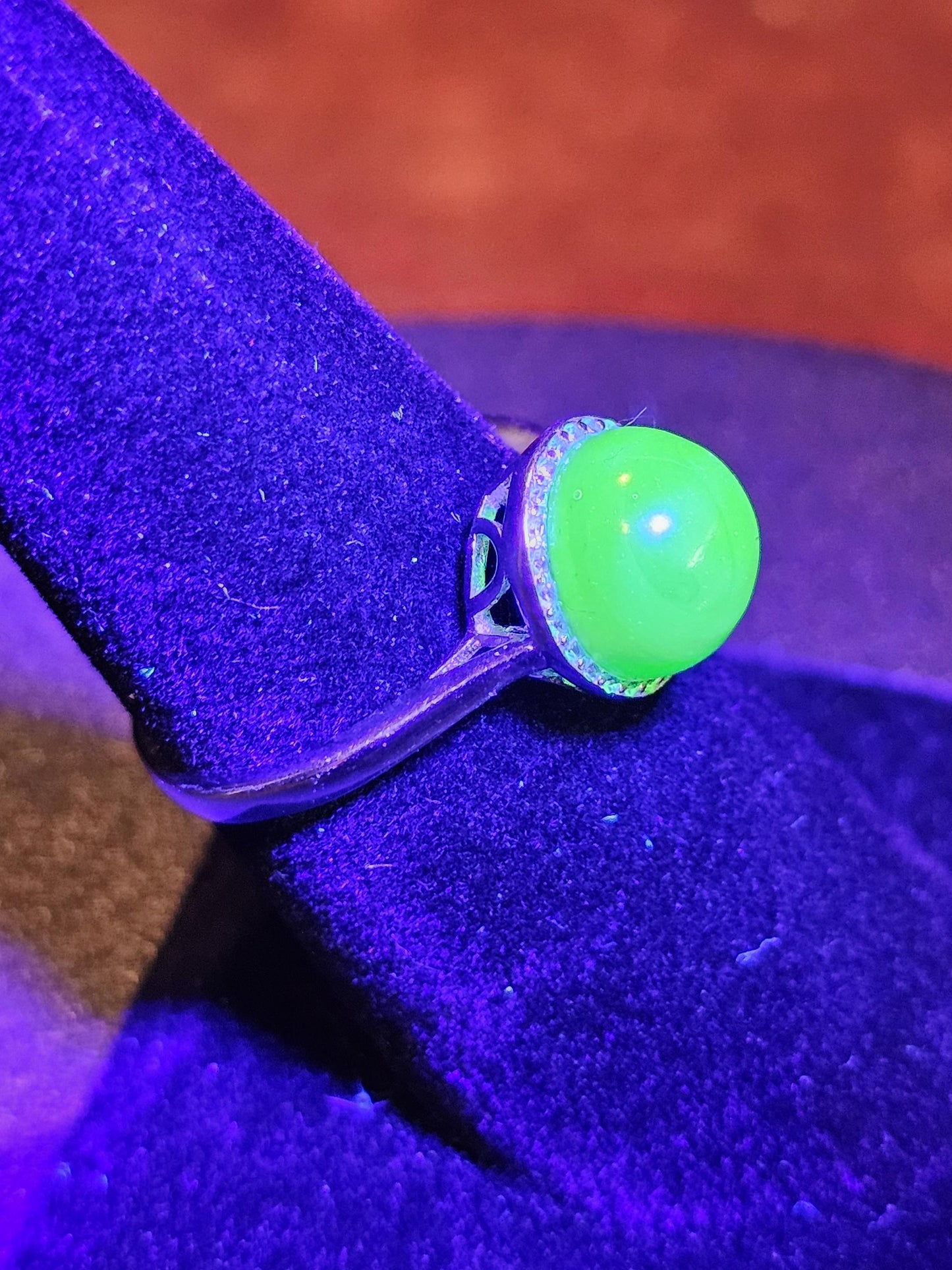 Uranium Glass Adjustable Ring new Sterling Silver with a vintage rare dark Green Round top Uranium glass stone that glows under black light