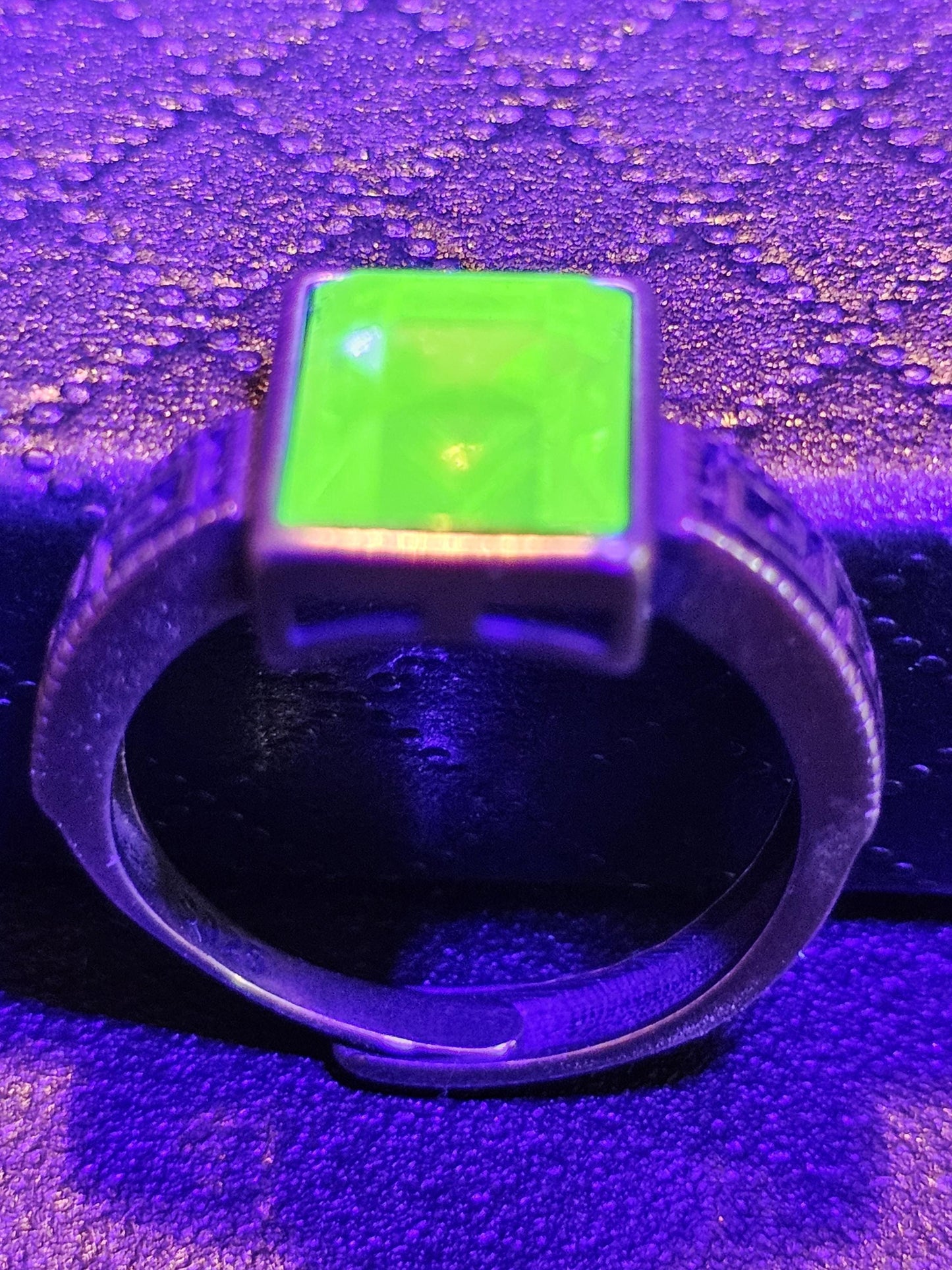 Uranium Glass Adjustable Ring with bezel mounted large vintage Uranium glass 10x8 mm rectangle cut stone that glows under black / UV light