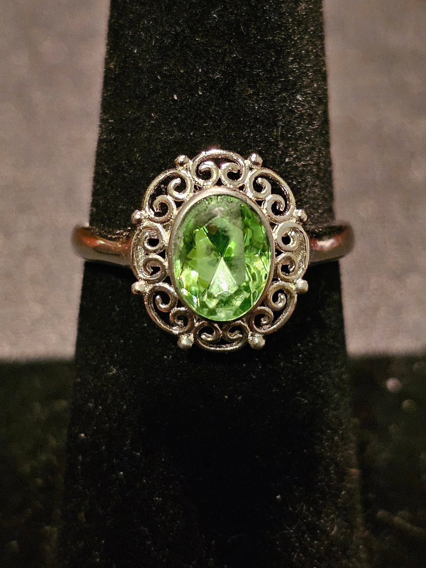 Uranium Glass Oval cut Ring Filigree style size 7, new Sterling Silver with a vintage Uranium glass stone that glows under black / UV light
