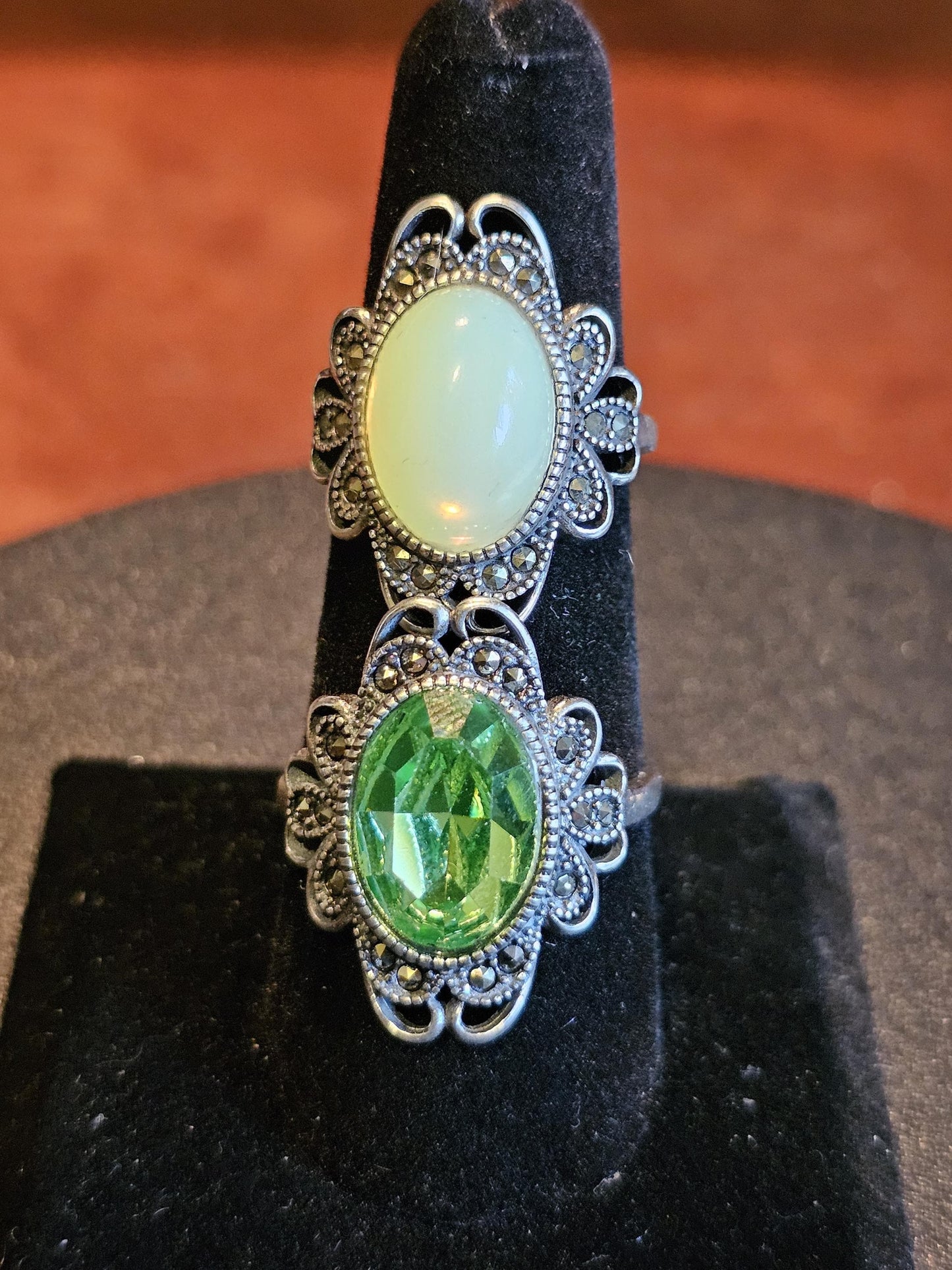 Uranium Glass Adjustable Ring in new Sterling Silver vintage style with large vintage Uranium glass Oval stone glows under black / UV light
