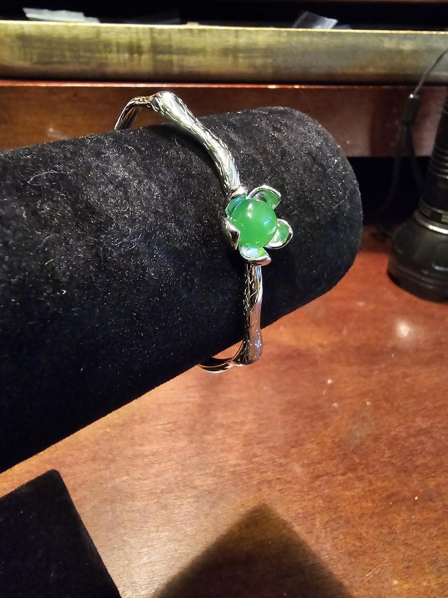 Uranium Glass Bracelet new Sterling Silver with a vintage dark Green Uranium glass Round cut stone that glows under black / UV light