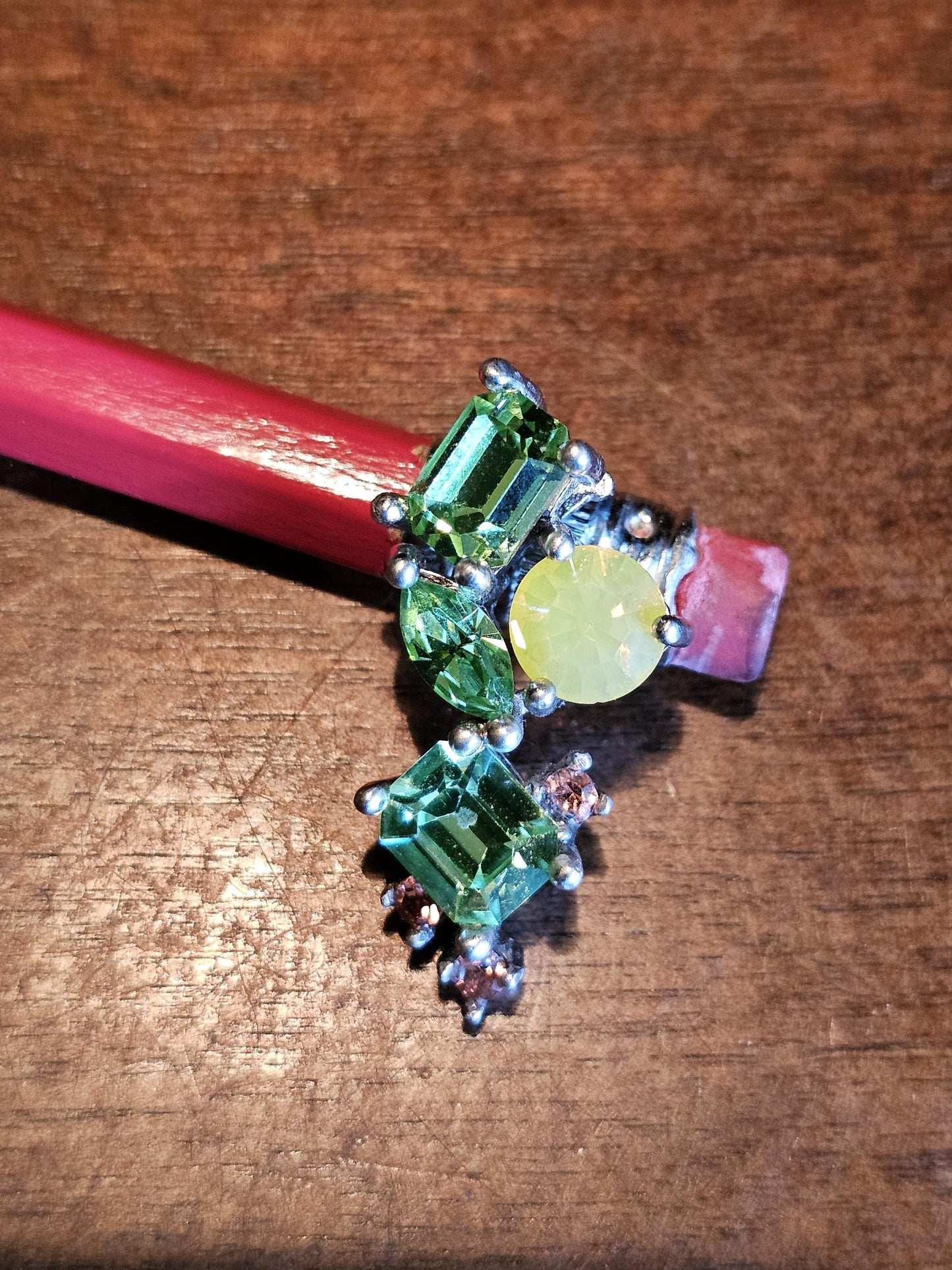 Uranium Glass Pendant in new Sterling Silver abstract design with multiple vintage Uranium glass stones that glows under black / UV light