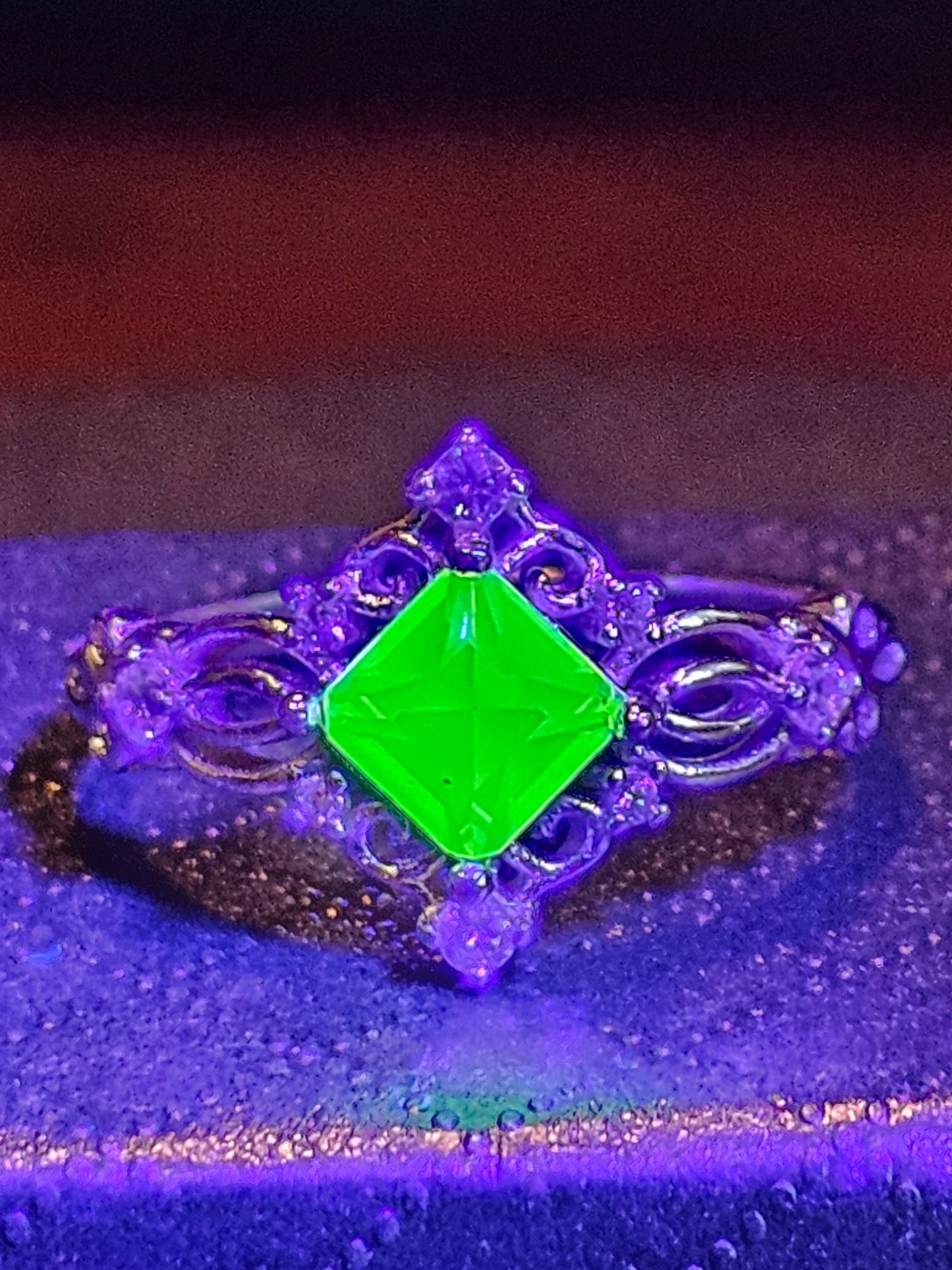 Uranium Glass Princess cut Ring size 6 to 10 new Sterling Silver with a vintage 6 mm Uranium glass stone that glows under black / UV light