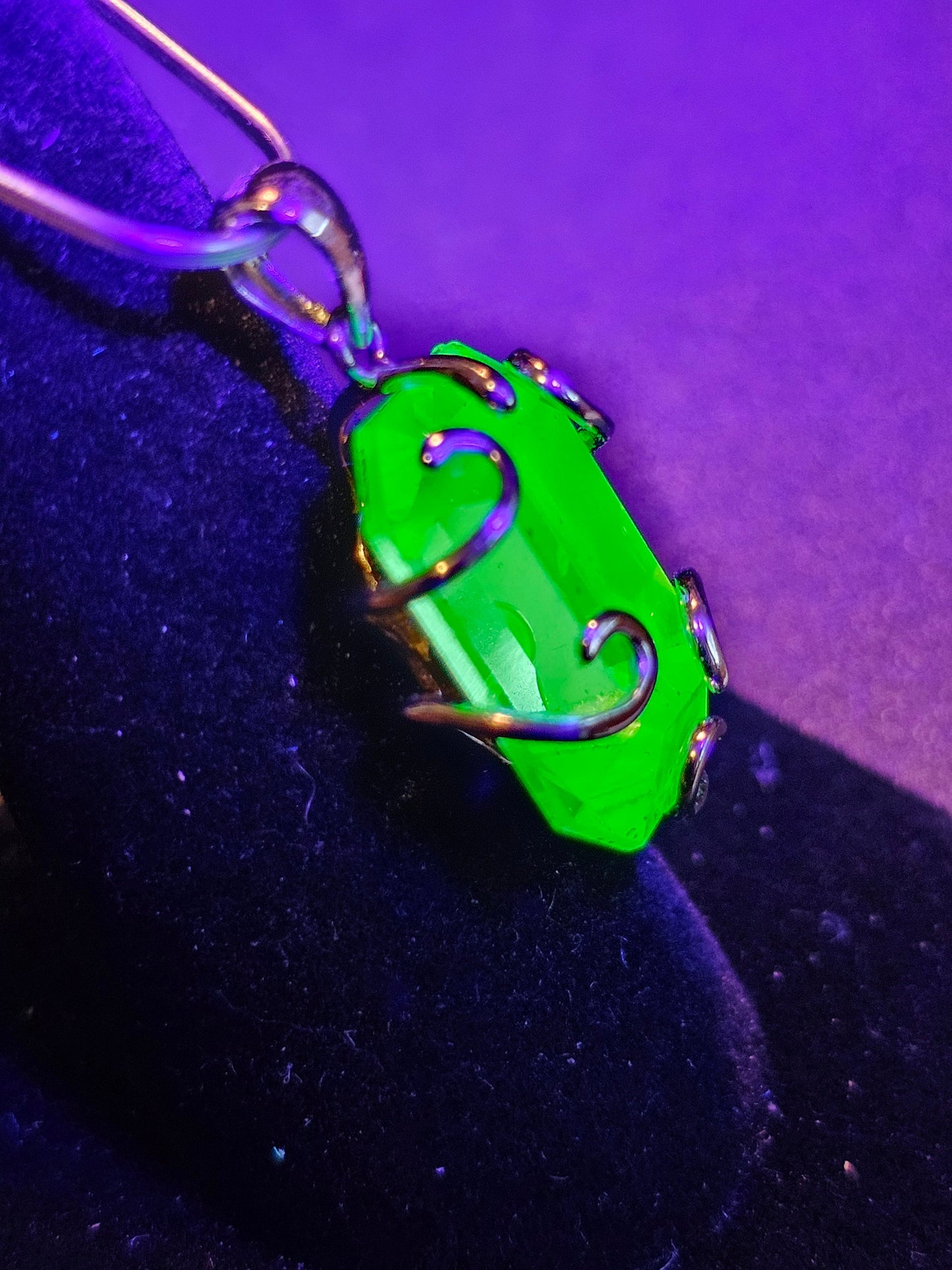 Uranium Glass Pendant in new Sterling Silver with a vintage Emerald cut 18x13 mm Uranium Glass stone glows under black / UV light
