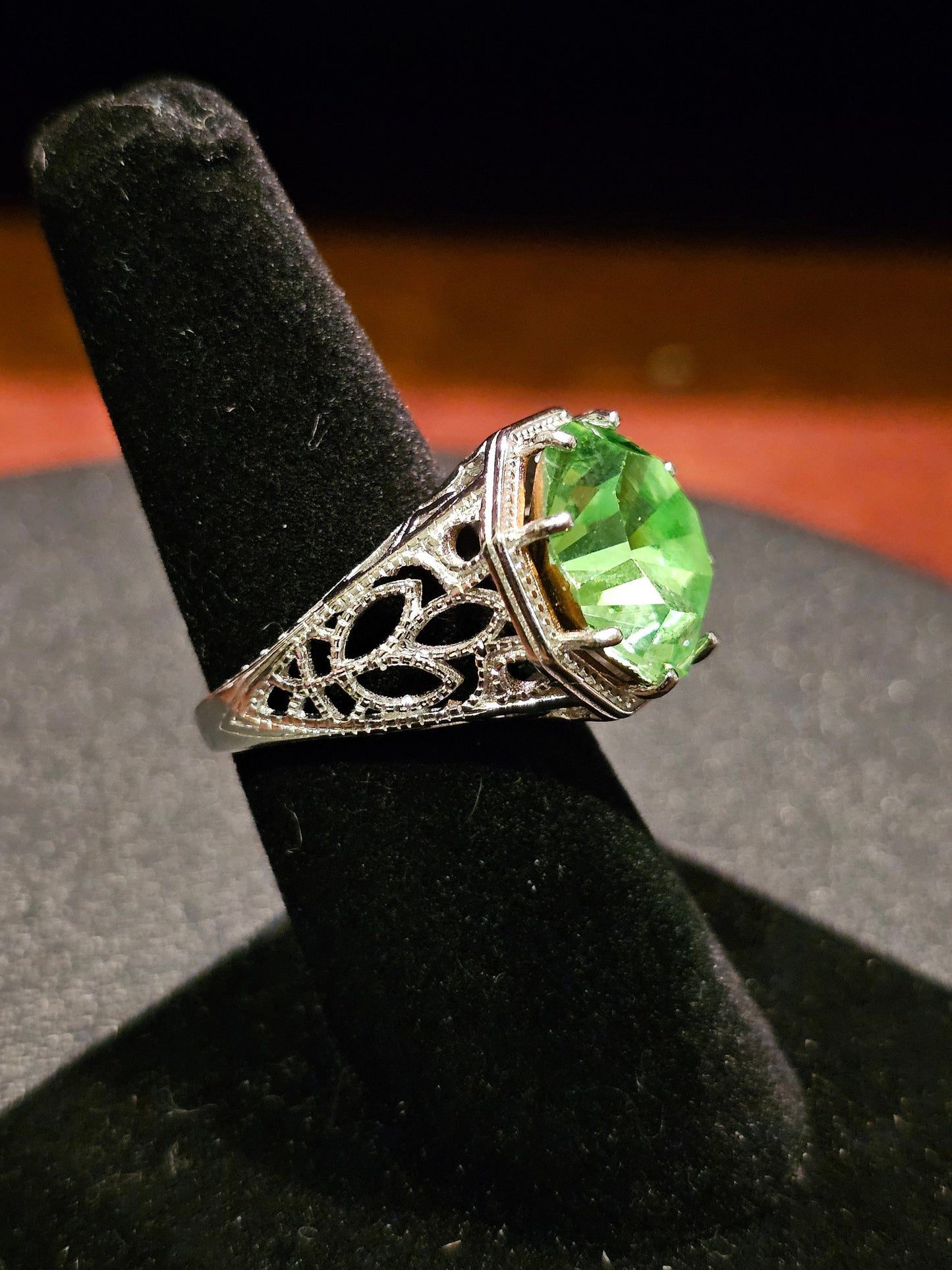 Uranium Glass Round cut Ring Art Deco in size 6.5, 7, 7.5 Sterling Silver large vintage Uranium glass stone that glows under black/UV light