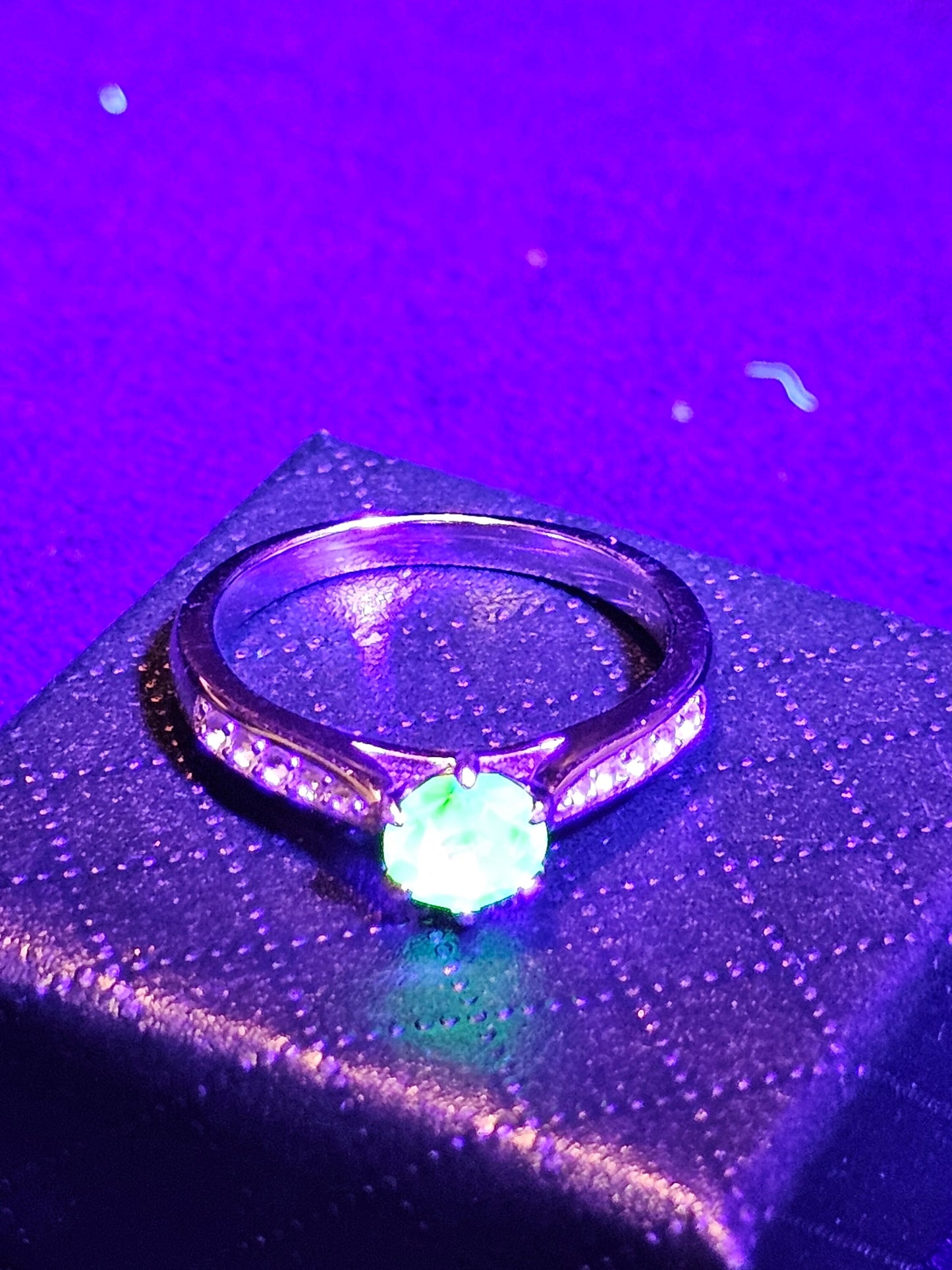 Uranium Glass Round cut Ring size 5, through size 10.5 in Sterling Silver vintage Uranium glass stone that glows under black / UV light
