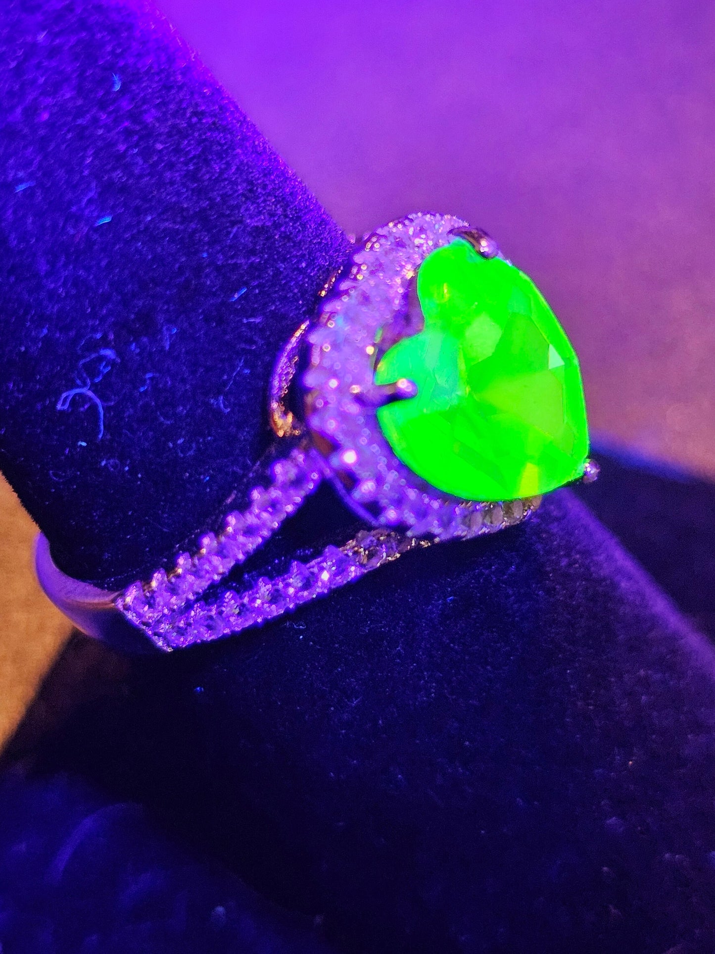 Uranium Glass Heart cut Ring size 6 through 8 new Sterling Silver with a vintage 10mm Uranium glass stone that glows under black / UV light