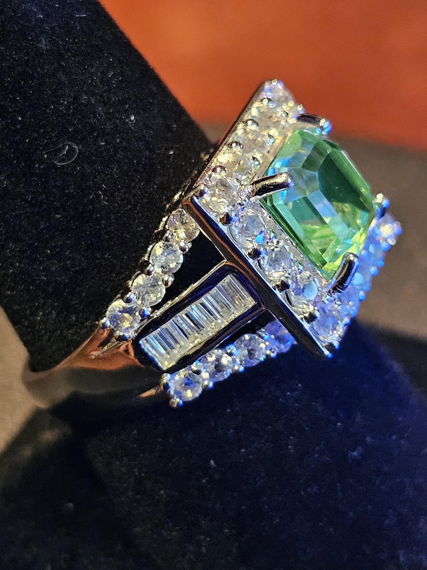 Uranium Glass Asscher cut Ring size 8.5 new Sterling Silver large vintage Uranium glass Square stone that glows under black / UV light