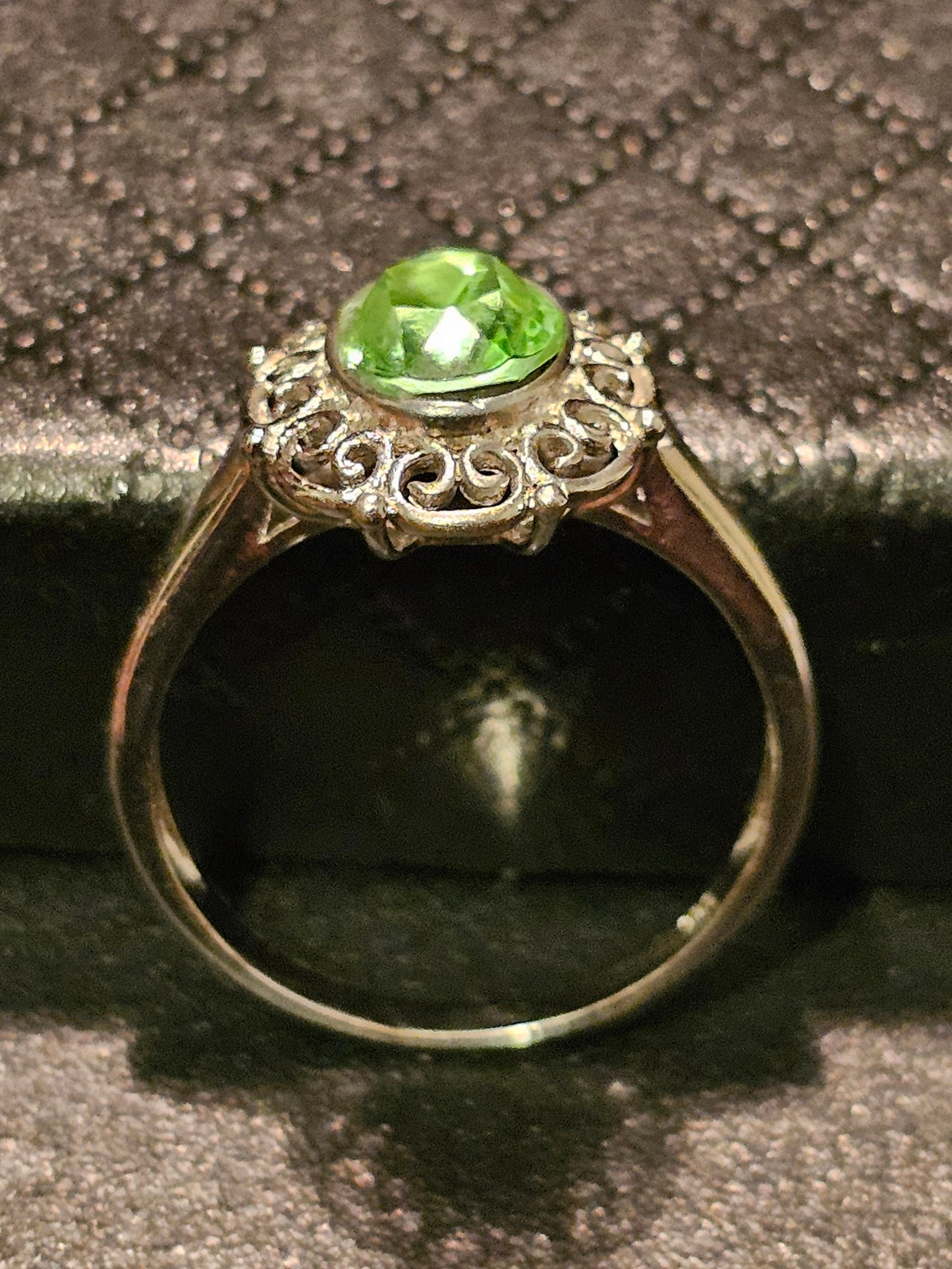 Uranium Glass Oval cut Ring Filigree style size 7, new Sterling Silver with a vintage Uranium glass stone that glows under black / UV light
