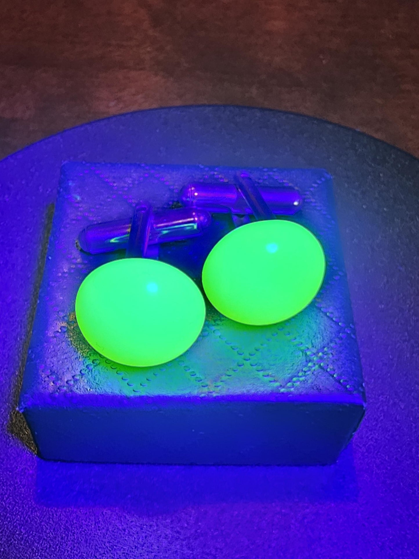 Uranium Glass Cufflinks 15mm / 11mm Round cut Round top vintage Uranium Glass stones in new Sterling Silver that glows under black / UV ligh