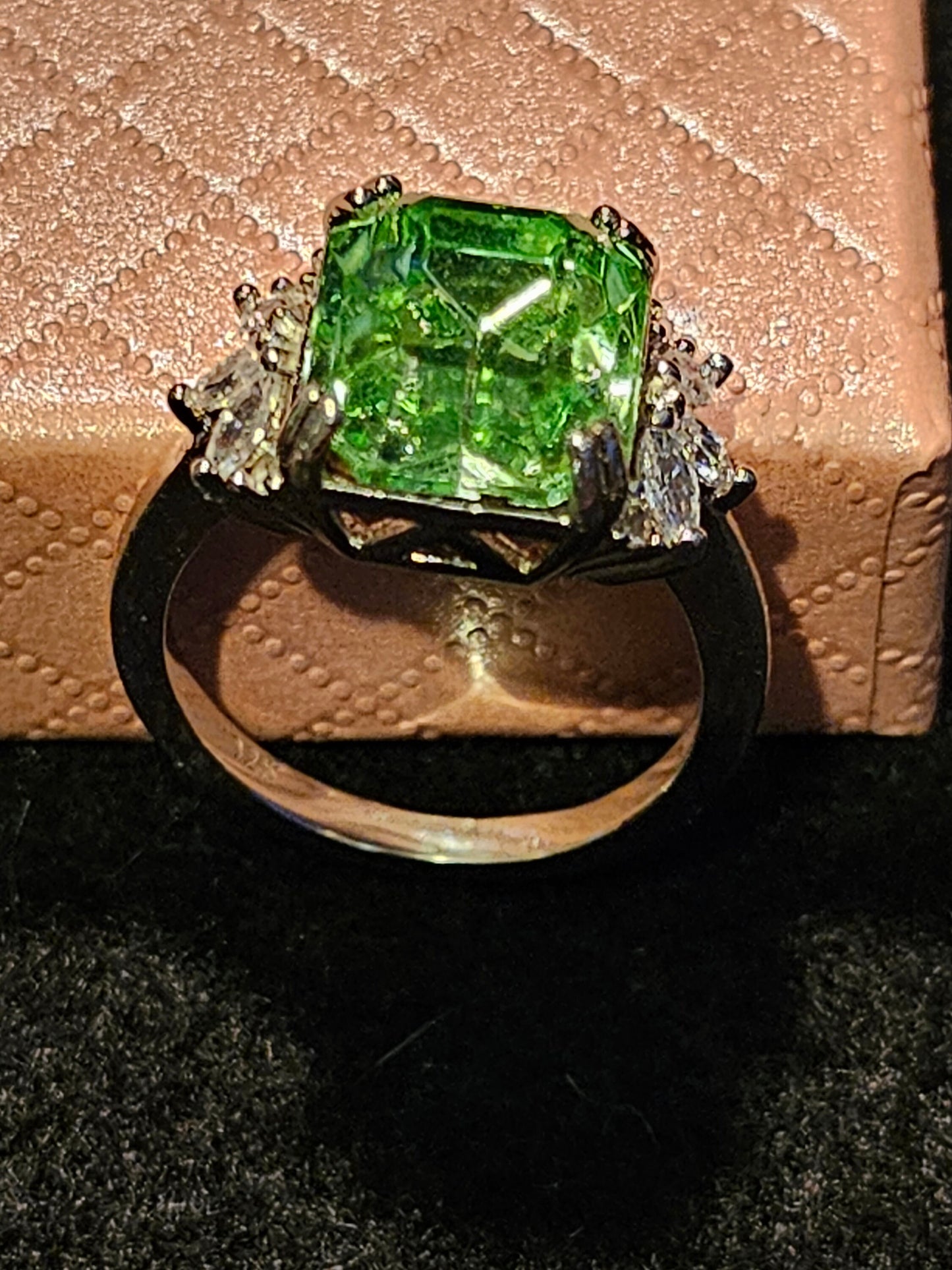 Uranium Glass Emerald cut Ring size 4 to 10.5 Sterling Silver with a large vintage 12x10 Uranium glass stone that glows under black/UV light