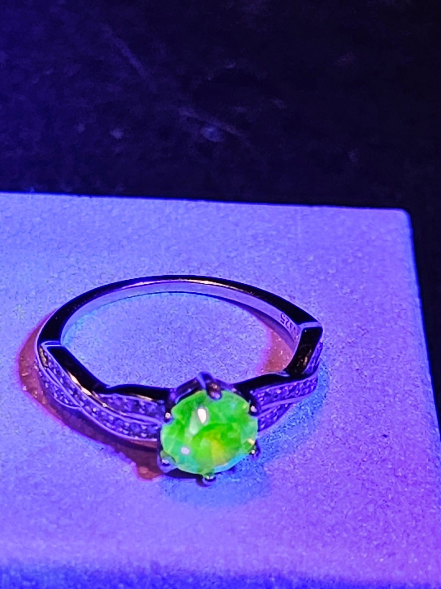 Uranium Glass Round cut Ring size 6 through 10 Sterling Silver with a vintage Pink Uranium glass stone that glows under black / UV light