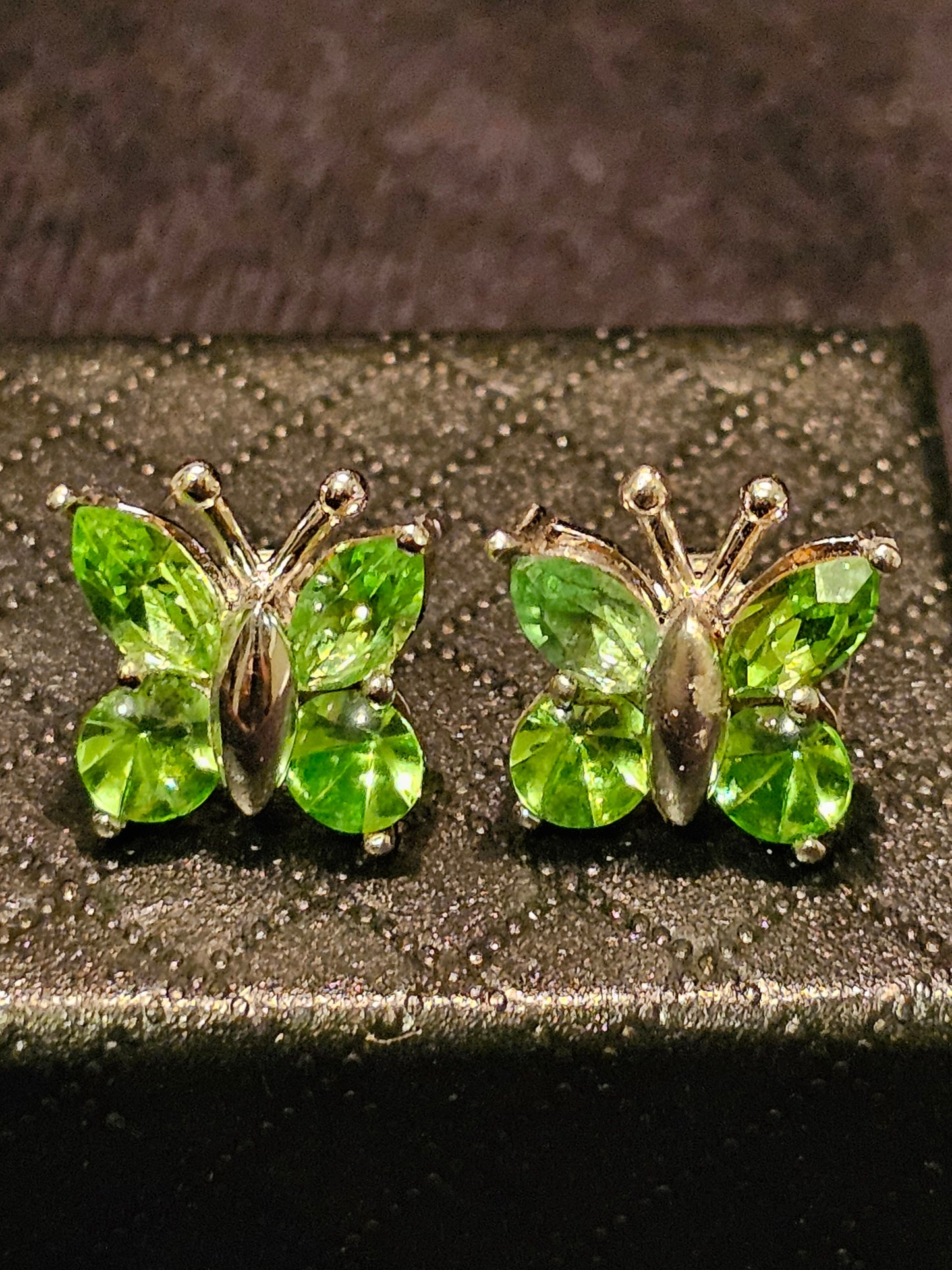 Uranium Glass Earrings in new Sterling Silver butterfly design with Vintage Uranium Glass stones, glows under black/UV light