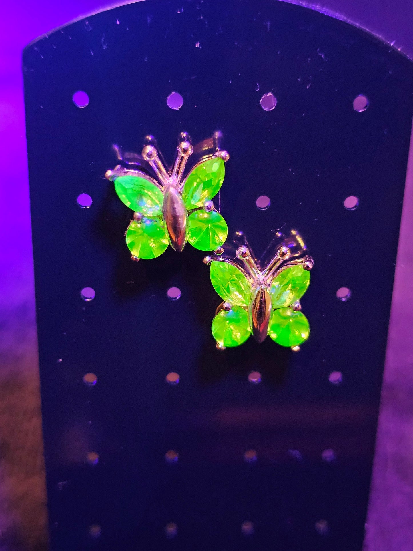 Uranium Glass Earrings in new Sterling Silver butterfly design with Vintage Uranium Glass stones, glows under black/UV light