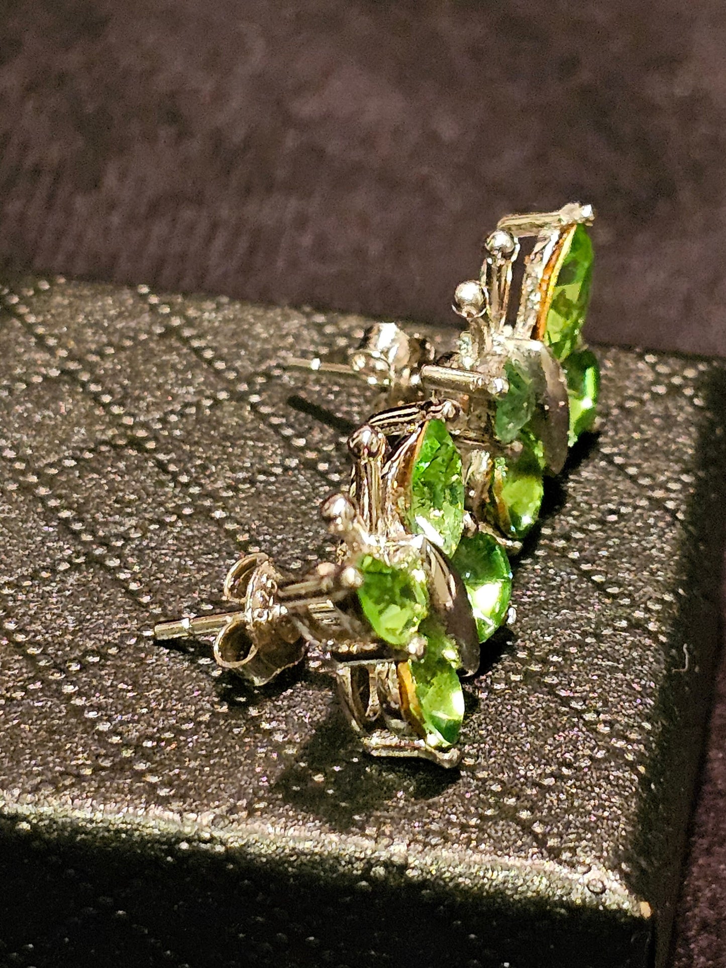 Uranium Glass Earrings in new Sterling Silver butterfly design with Vintage Uranium Glass stones, glows under black/UV light