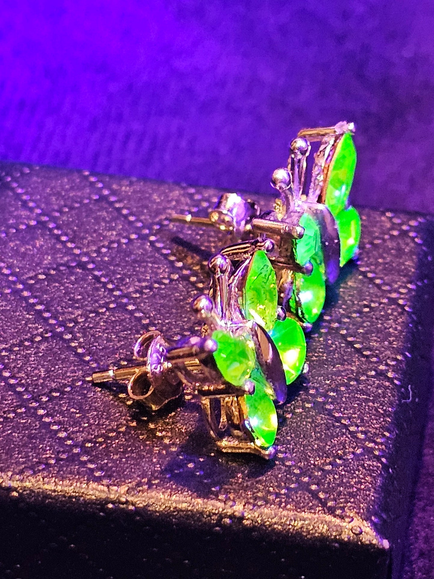 Uranium Glass Earrings in new Sterling Silver butterfly design with Vintage Uranium Glass stones, glows under black/UV light