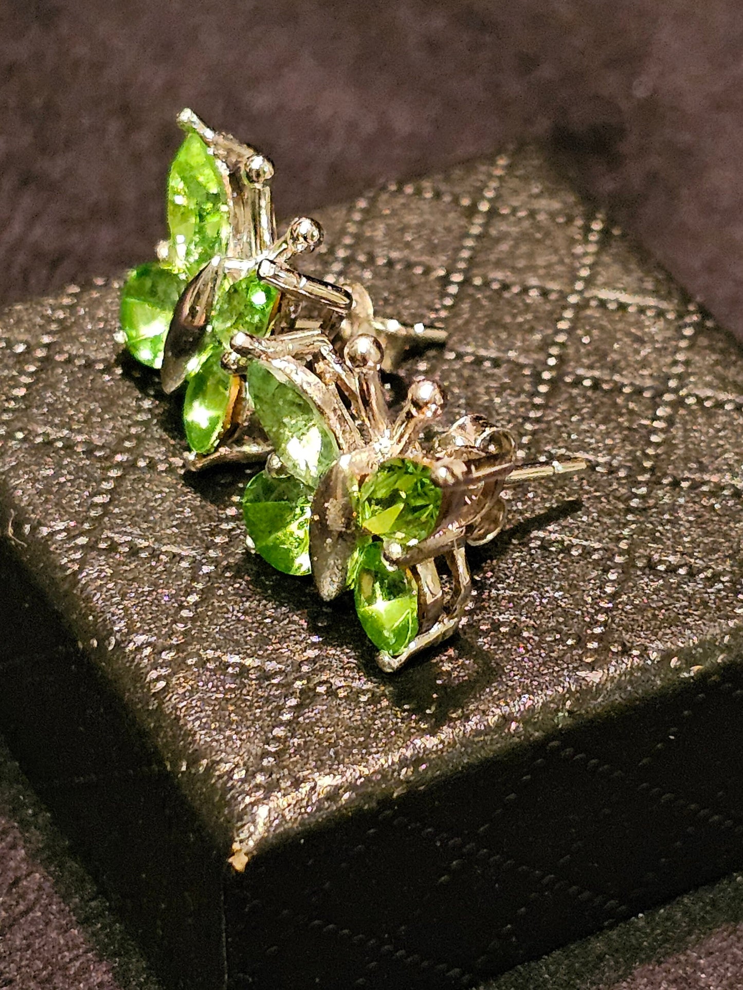 Uranium Glass Earrings in new Sterling Silver butterfly design with Vintage Uranium Glass stones, glows under black/UV light