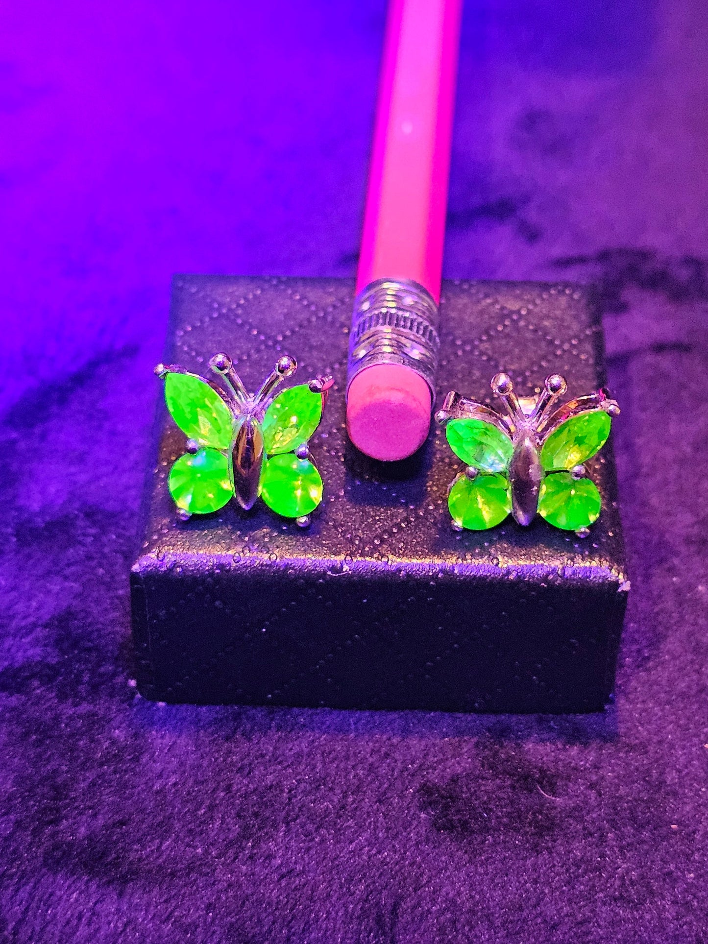 Uranium Glass Earrings in new Sterling Silver butterfly design with Vintage Uranium Glass stones, glows under black/UV light