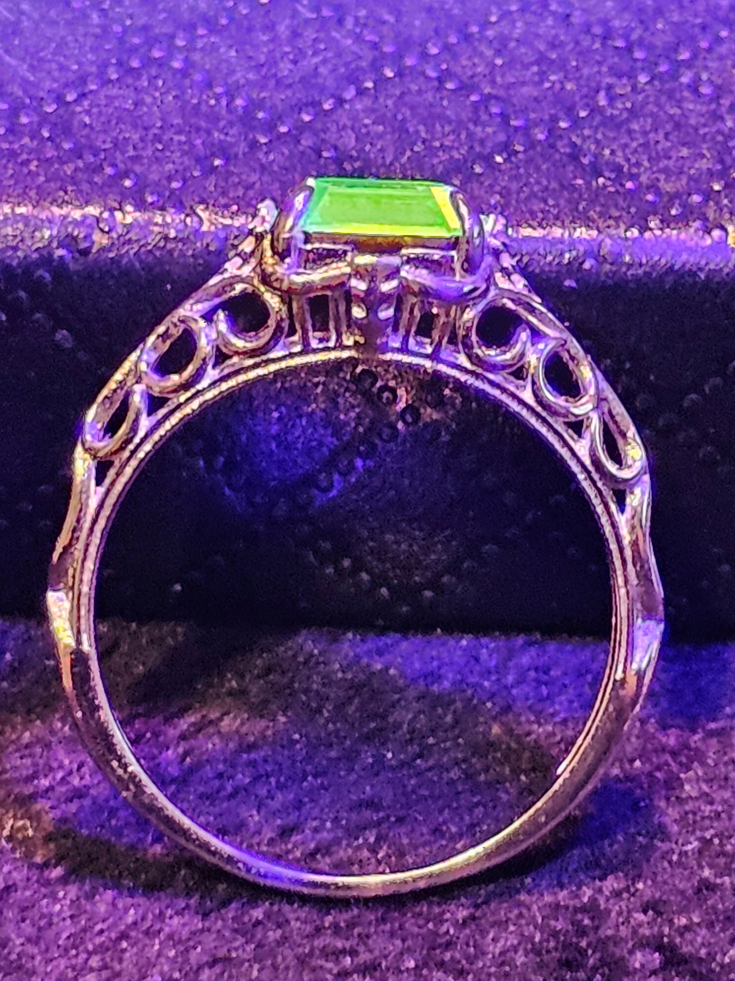 Uranium Glass Emerald cut Art Deco Ring size 4 to 10.5 in new Sterling Silver with Uranium glass stone that glows under black / UV light