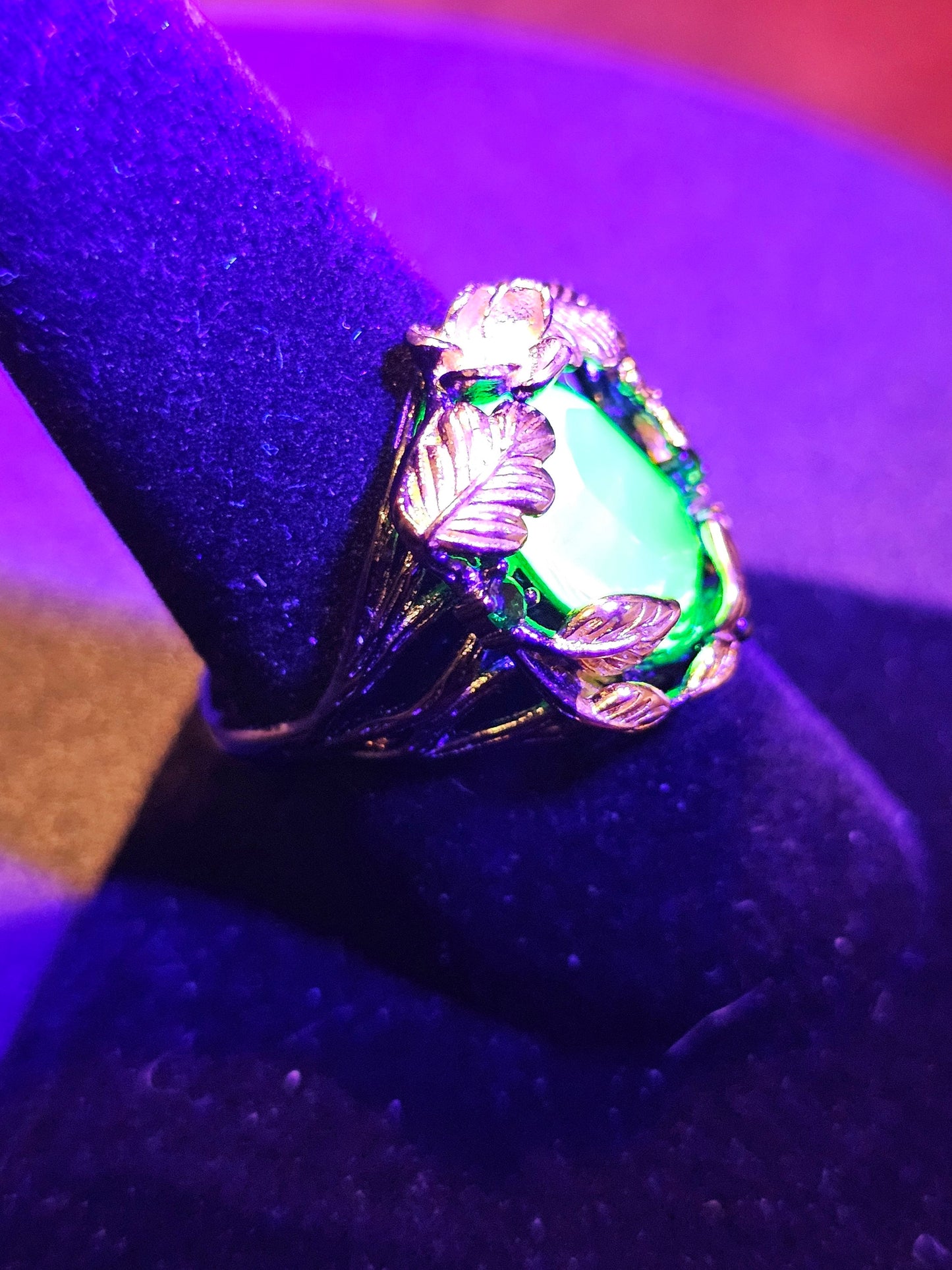 Uranium Glass Adjustable Ring in new Sterling Silver Italian style with large vintage Uranium glass Oval stone glows under black / UV light