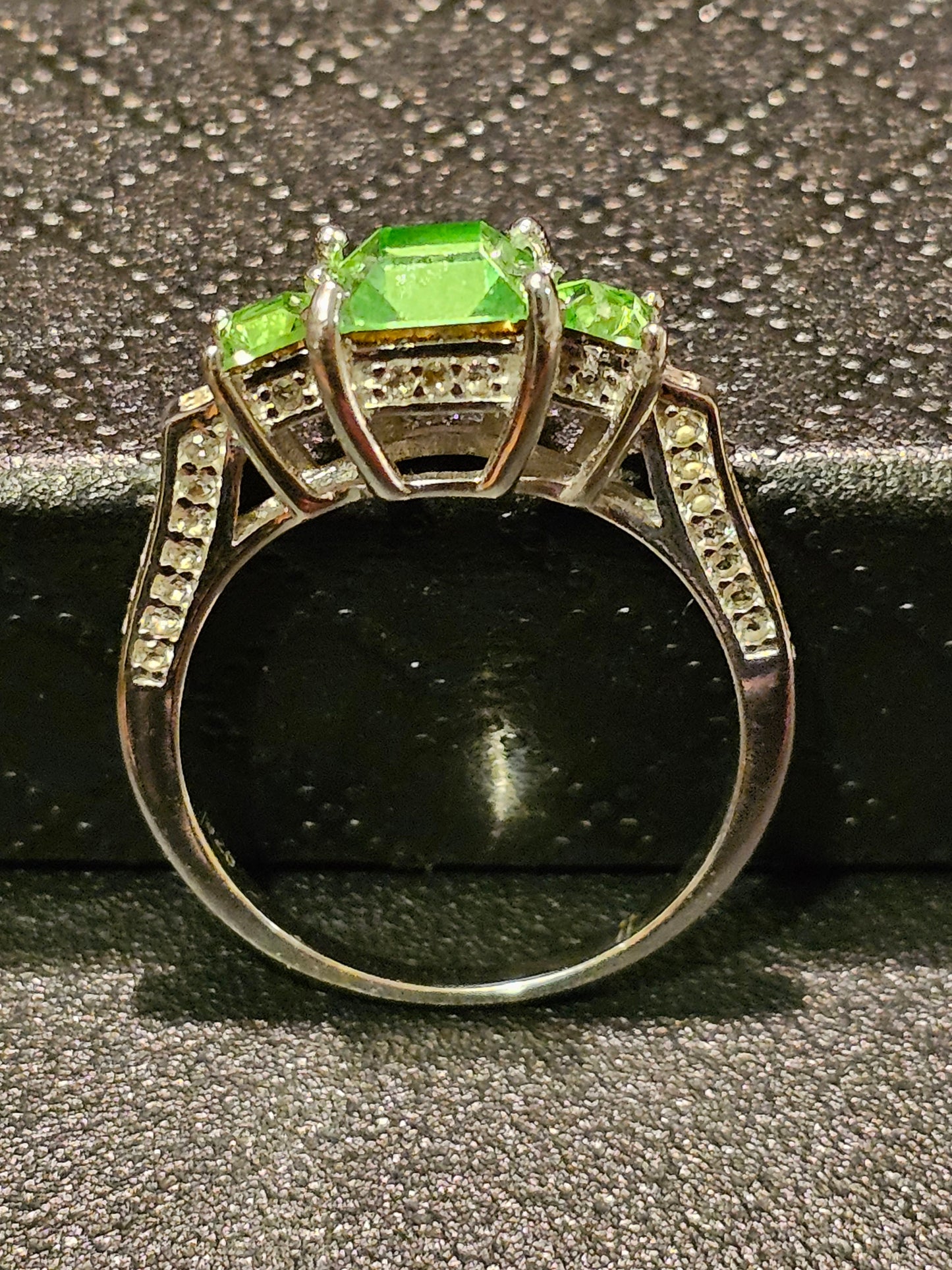 Uranium Glass Ring size 7 Sterling Silver vintage Princess cut Uranium glass stone and 2 accent stones that glows under black / UV light