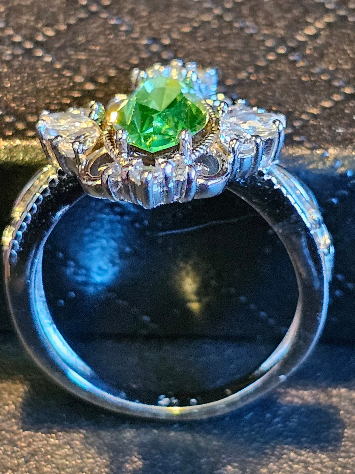 Uranium Glass Marquise cut Ring Fleur De Lis style new Sterling Silver with a vintage Uranium glass stone that glows under black / UV light