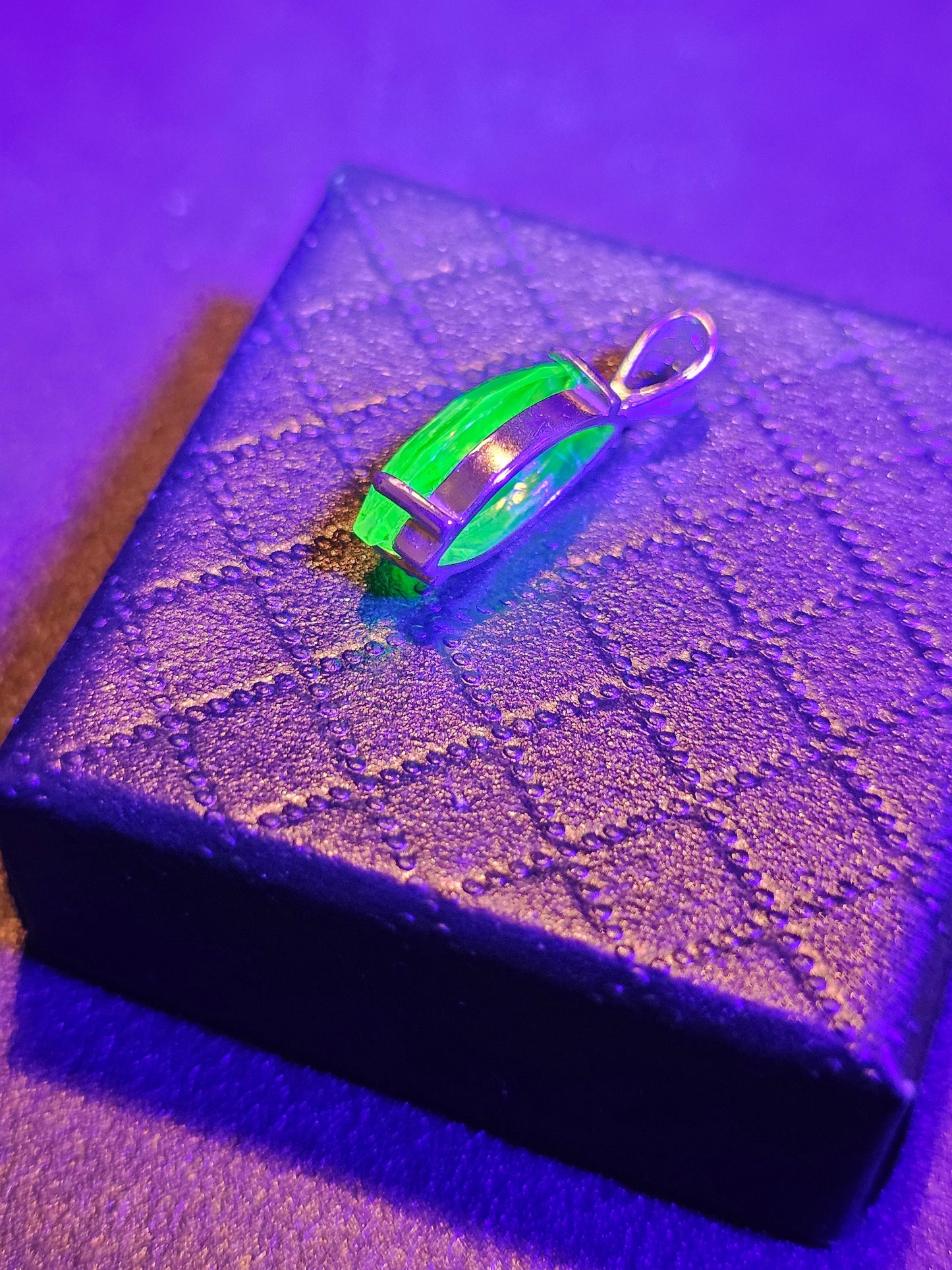 Uranium Glass Pendant in Sterling Silver with a vintage Marquee cut Uranium Glass stone glows under black / UV light