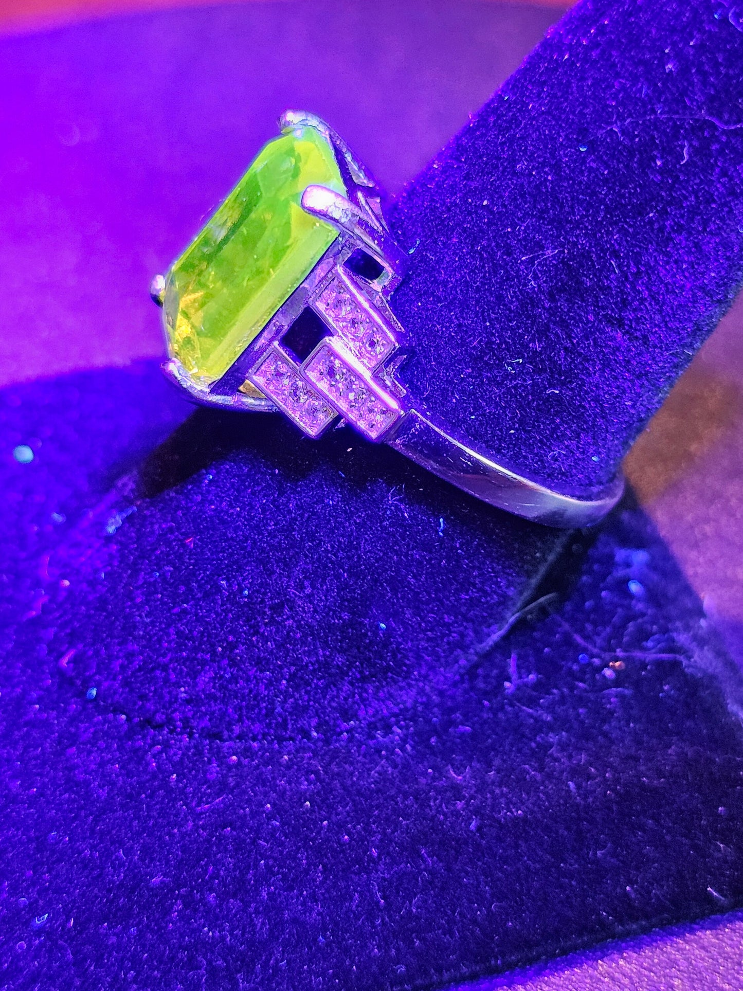 Uranium Glass Ring new Sterling Silver in a size 7 with a vintage Yellow Emerald cut Uranium glass stone that glows under black / UV light