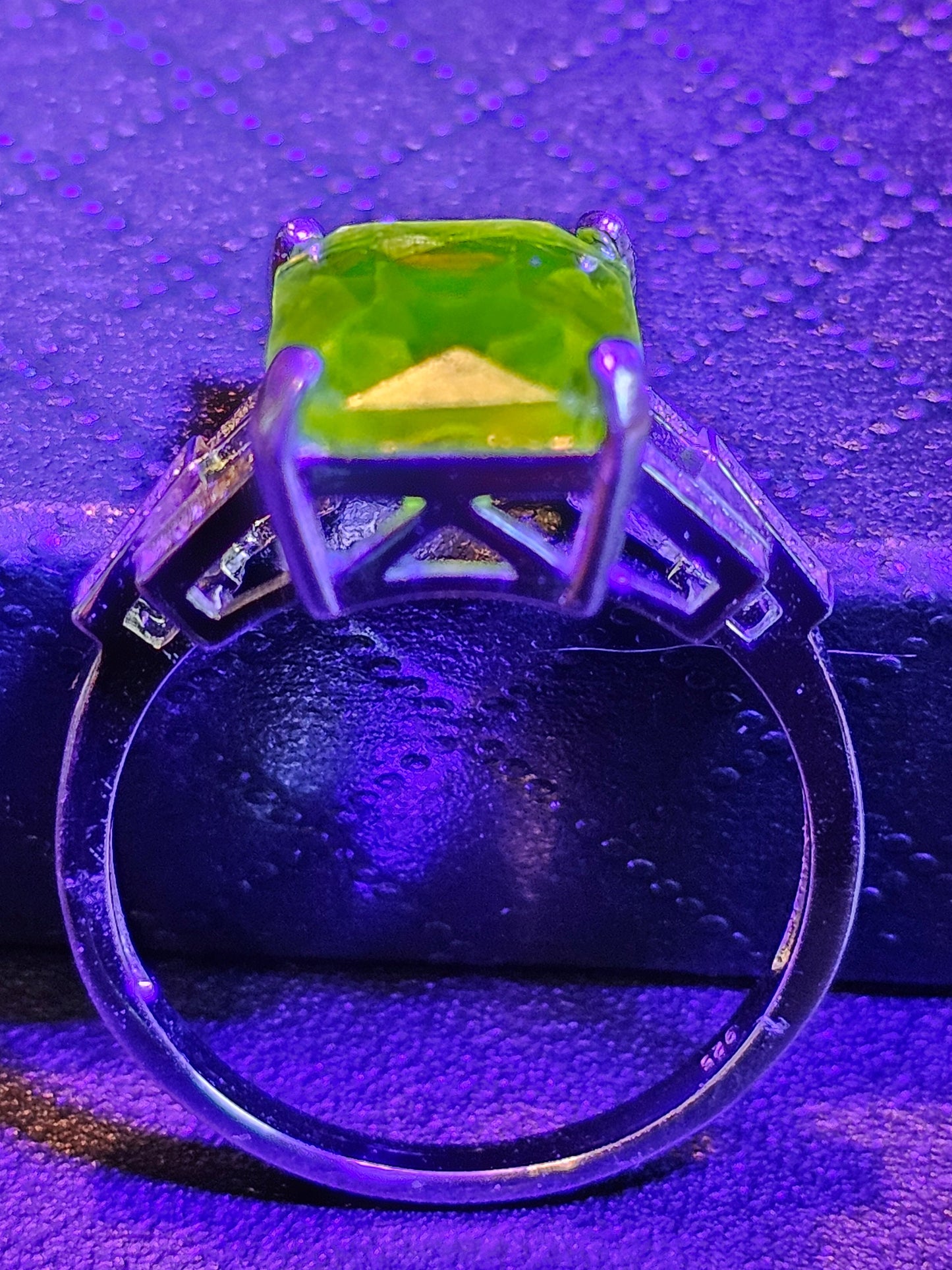 Uranium Glass Ring new Sterling Silver in a size 7 with a vintage Yellow Emerald cut Uranium glass stone that glows under black / UV light