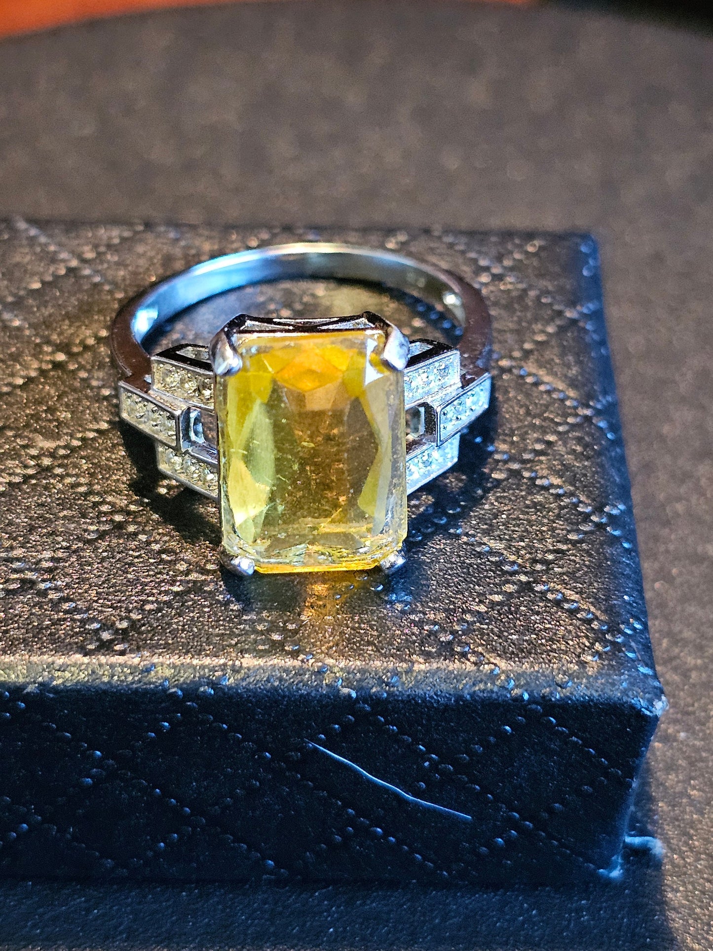 Uranium Glass Ring new Sterling Silver in a size 7 with a vintage Yellow Emerald cut Uranium glass stone that glows under black / UV light